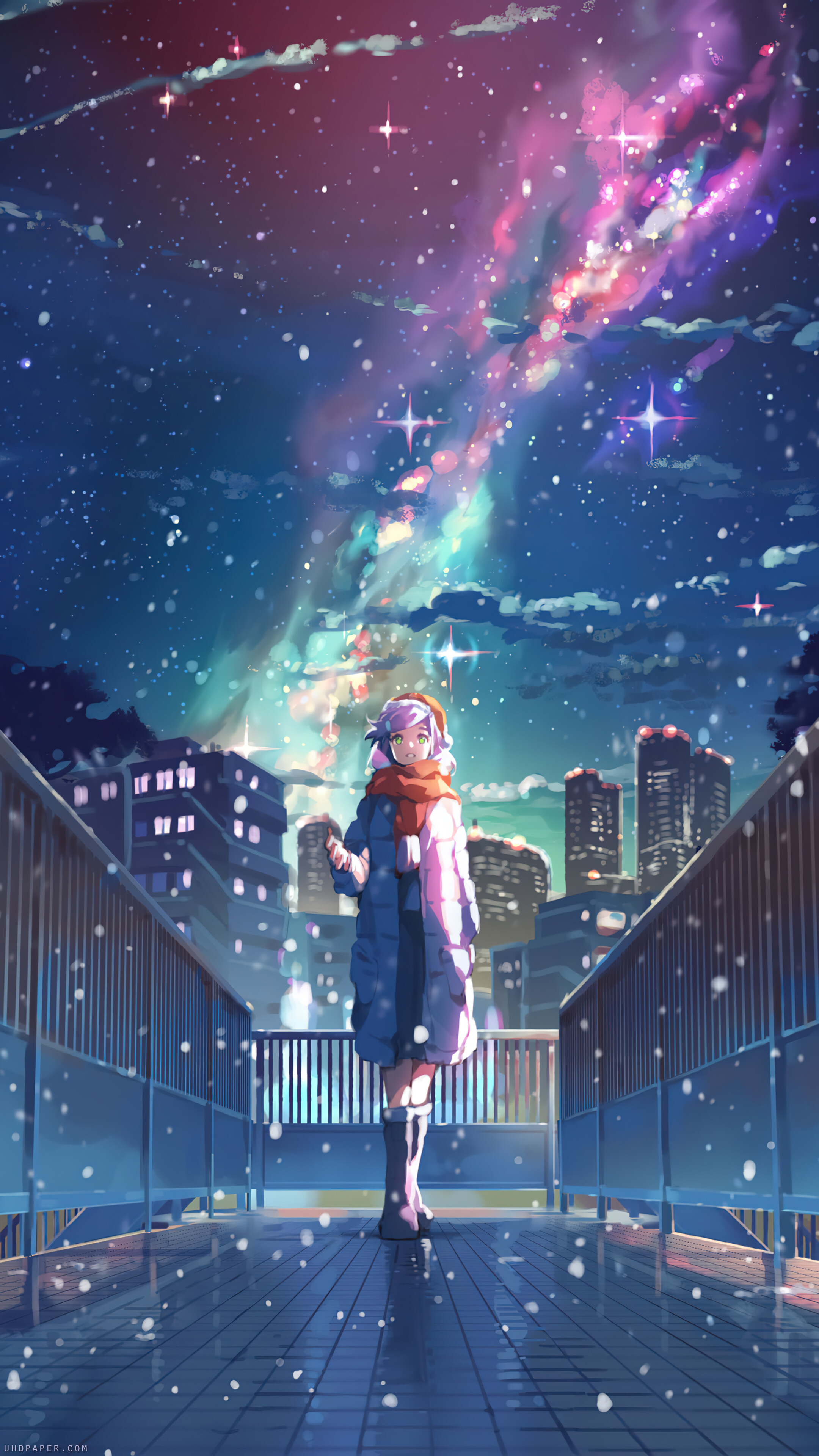 Anime Girl Night Sky Stars 4K Wallpaper