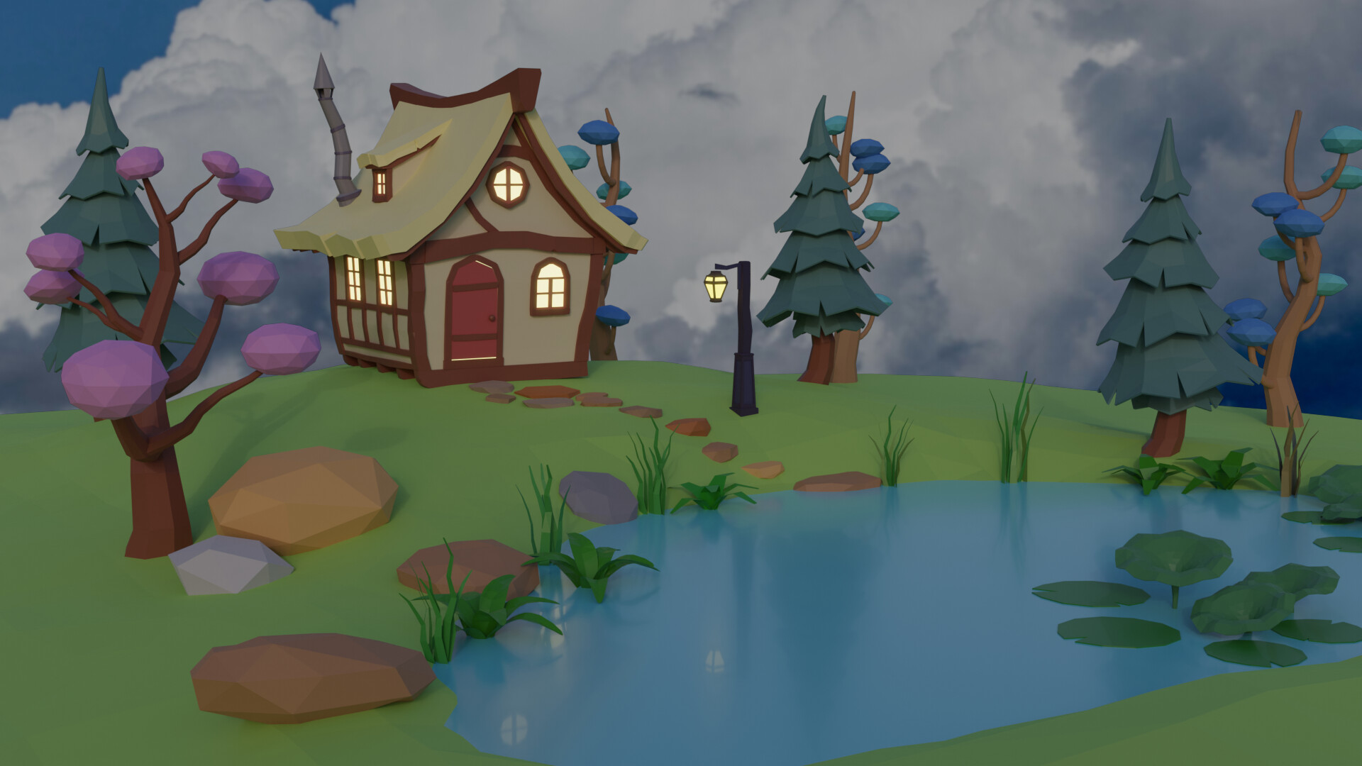 Low poly fantasy cottage dusk with two