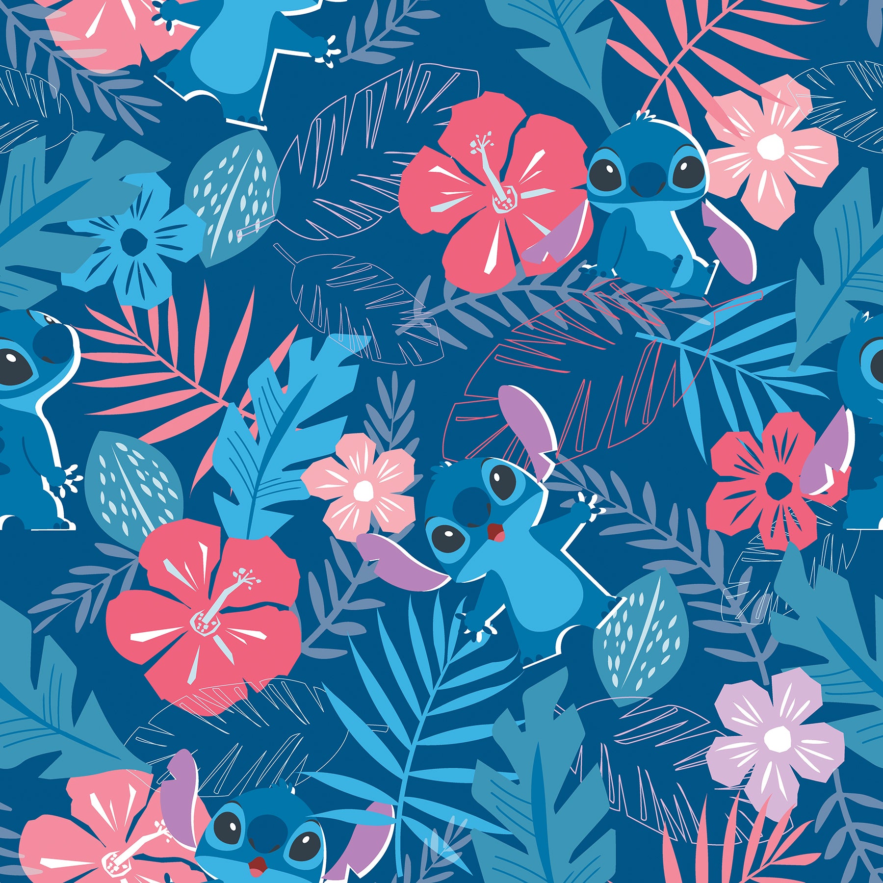 Blue Disney Stitch Tropical Flowers Peel and Stick Wallpaper Roll