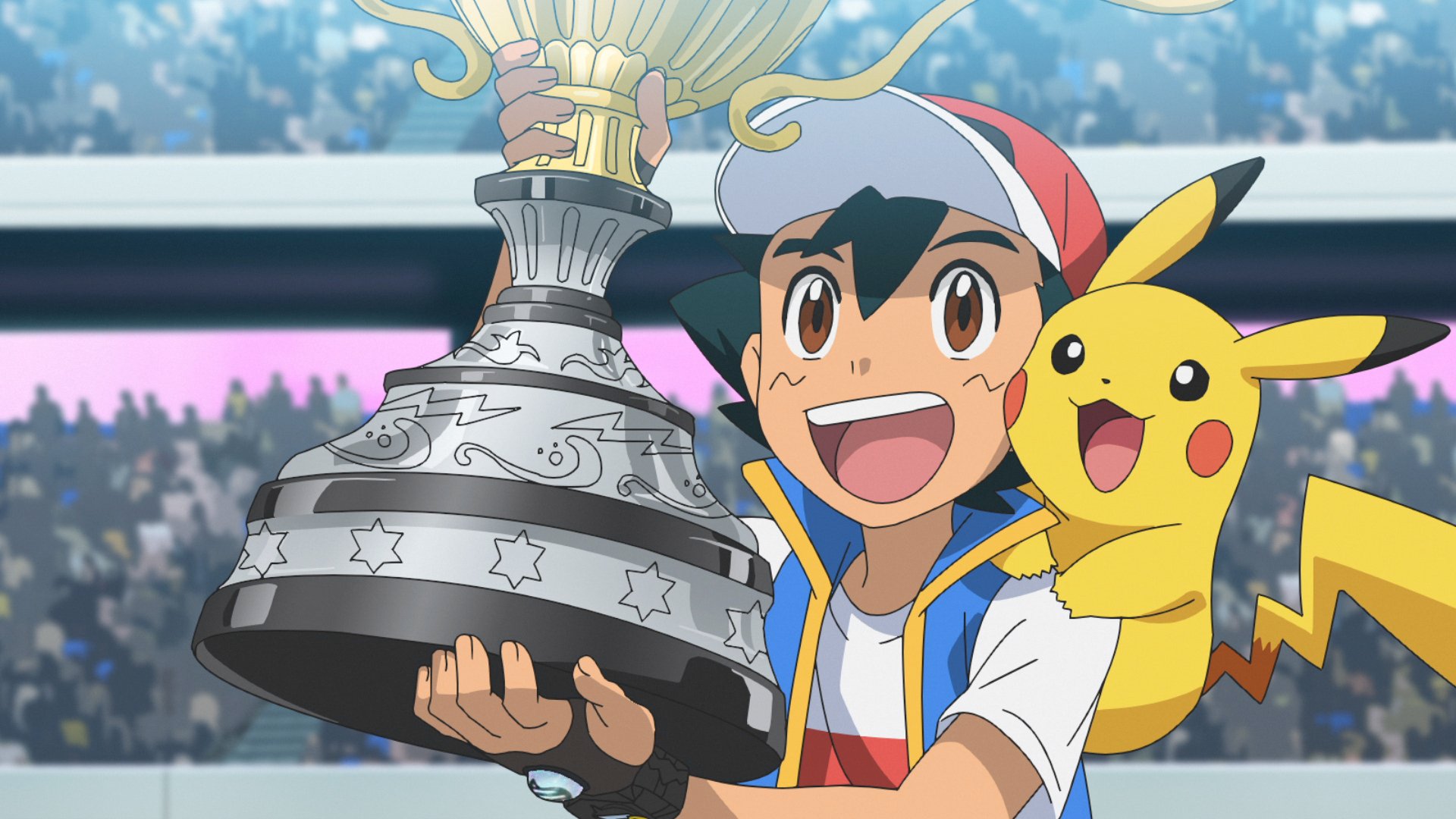 Ash and Pikachu with Trophyémon