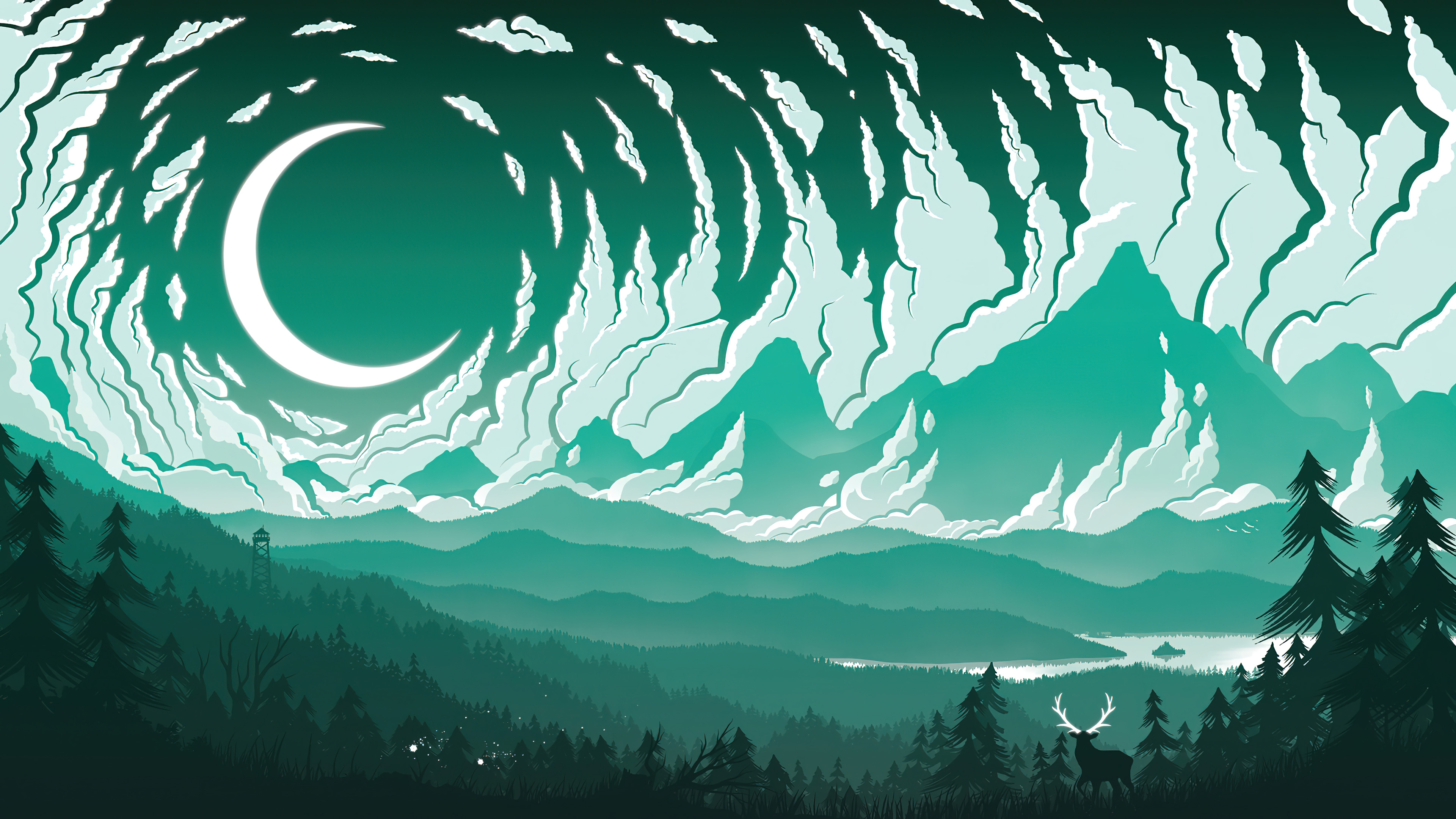 Minimalist Forest Moon Night Clouds Scenery Wallpaper 4K HD PC f