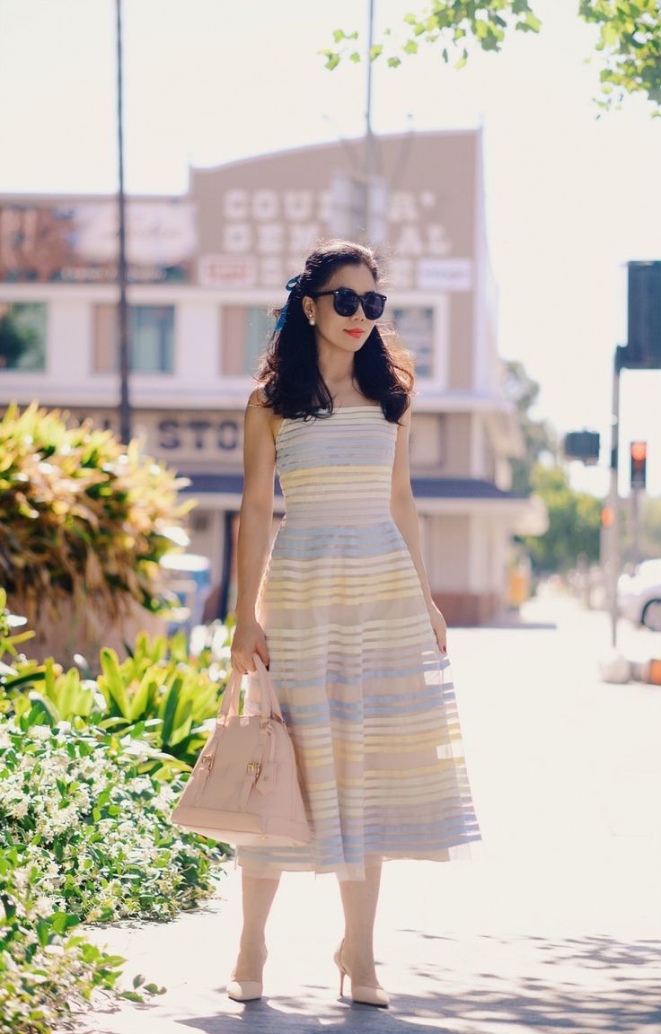 Pastel Striped Dress & Suede Pumps
