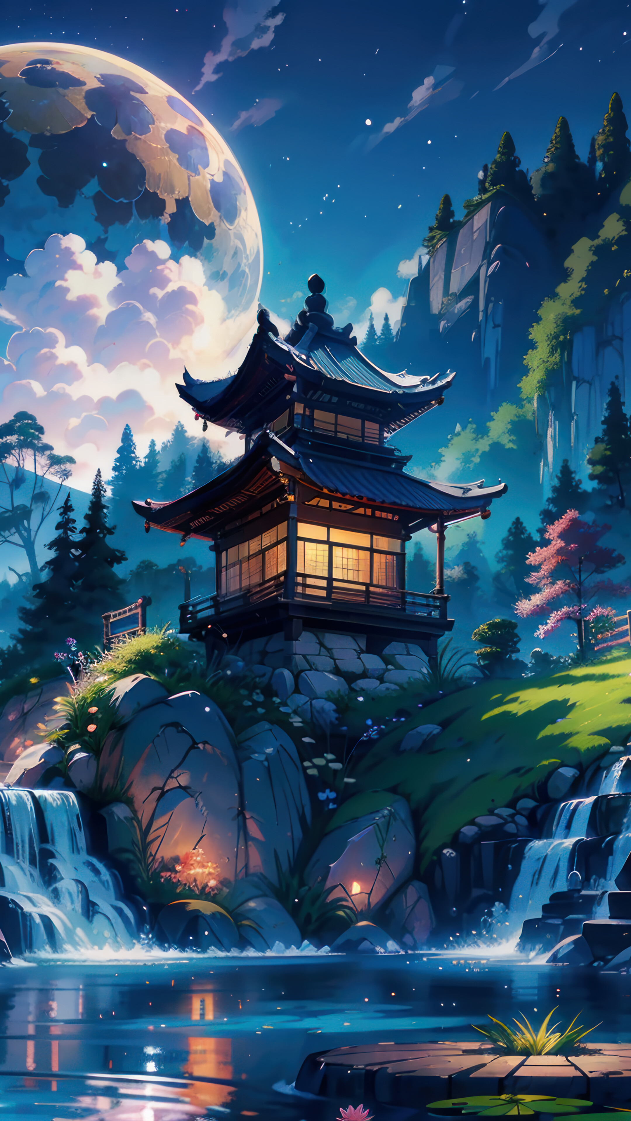 Chinese House Night Moon Scenery 4K