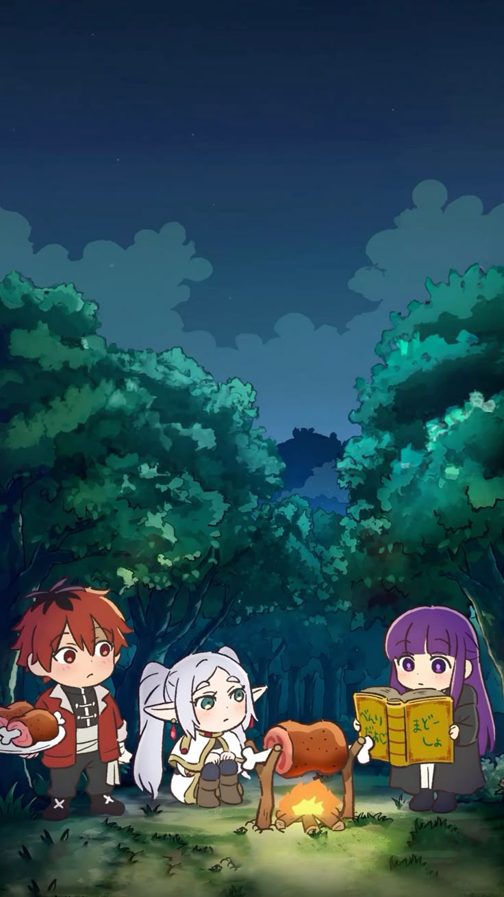 Chibi Stark, Frieren, & Fern Wallpaper