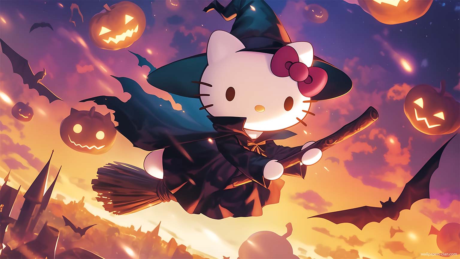 Free Hello Kitty Halloween Flying Witch Desktop Wallpaper 4K