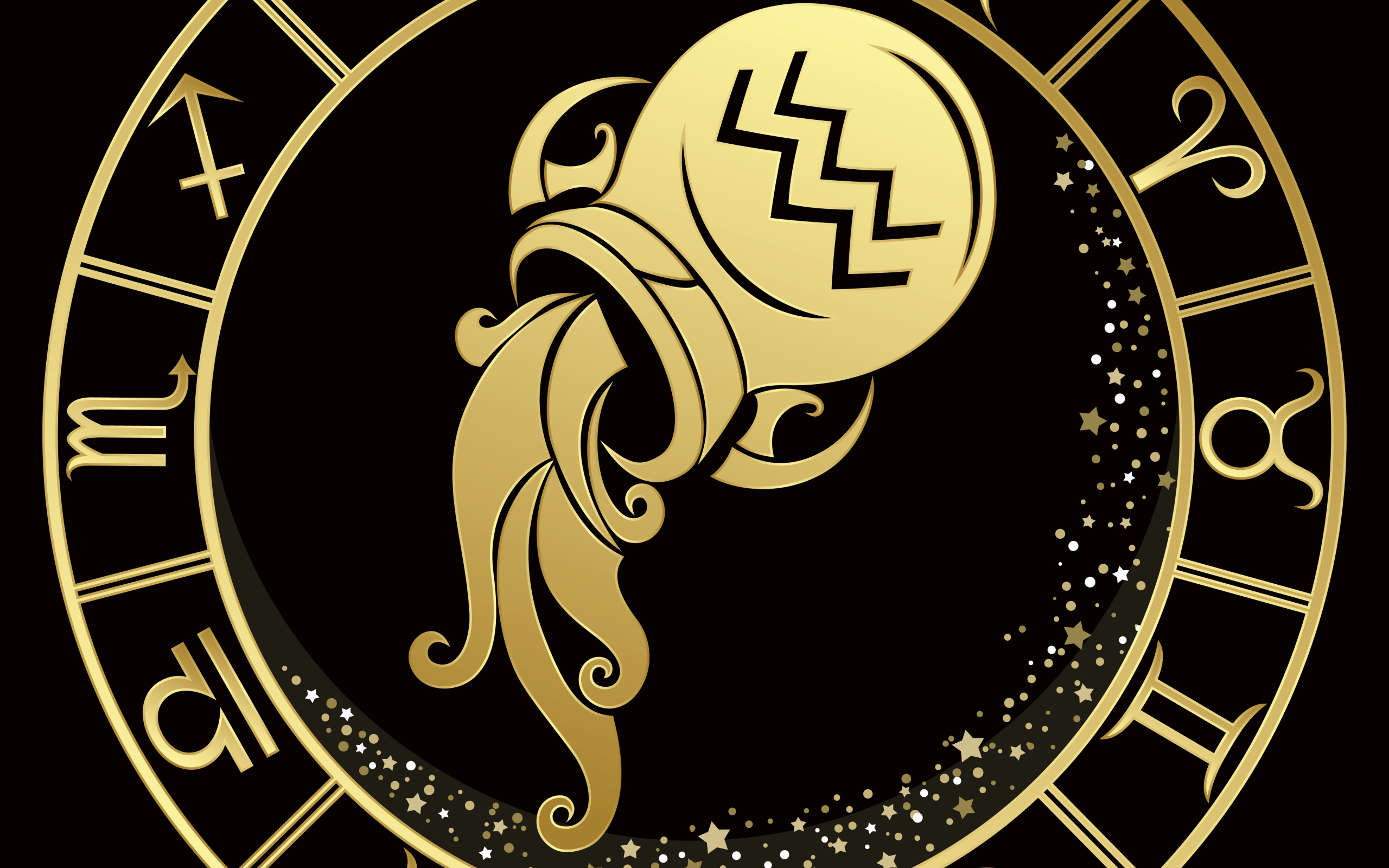 Golden Aquarius zodiac sign on a black