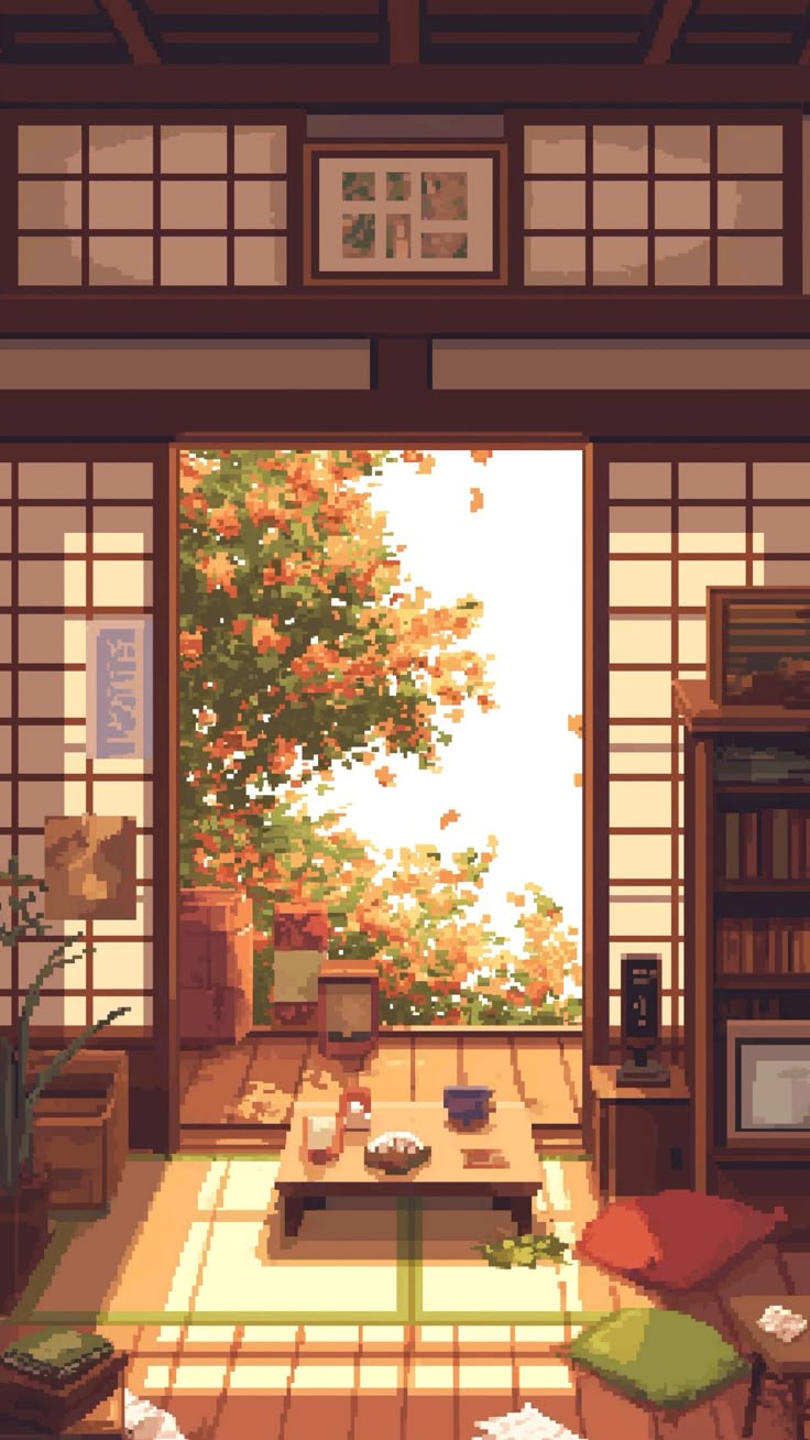 Japanese pixel art wallpaper cozy home