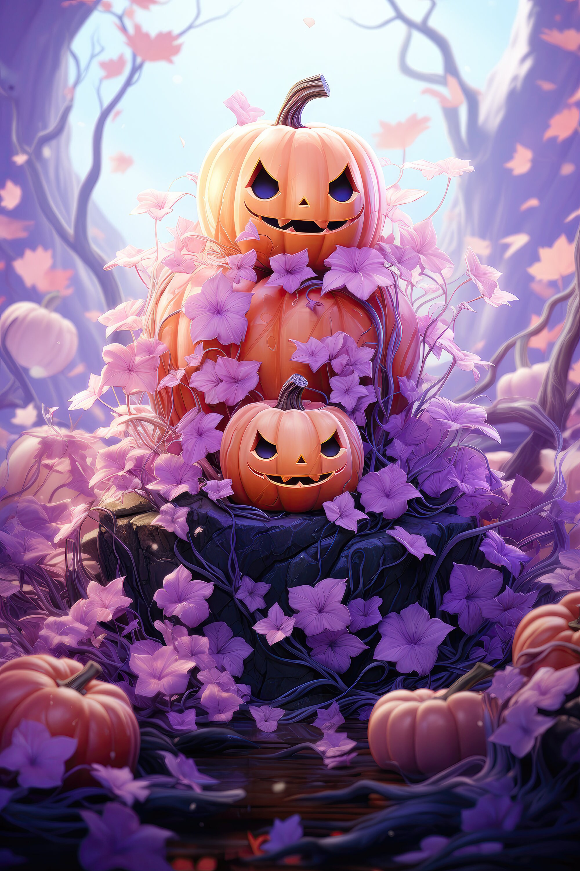 Digital Halloween Art Purple Foliage & Orange Expressive Pumpkin Bundle, Fall Reimagined, AI Creations, Purple Digital Art, Spooky