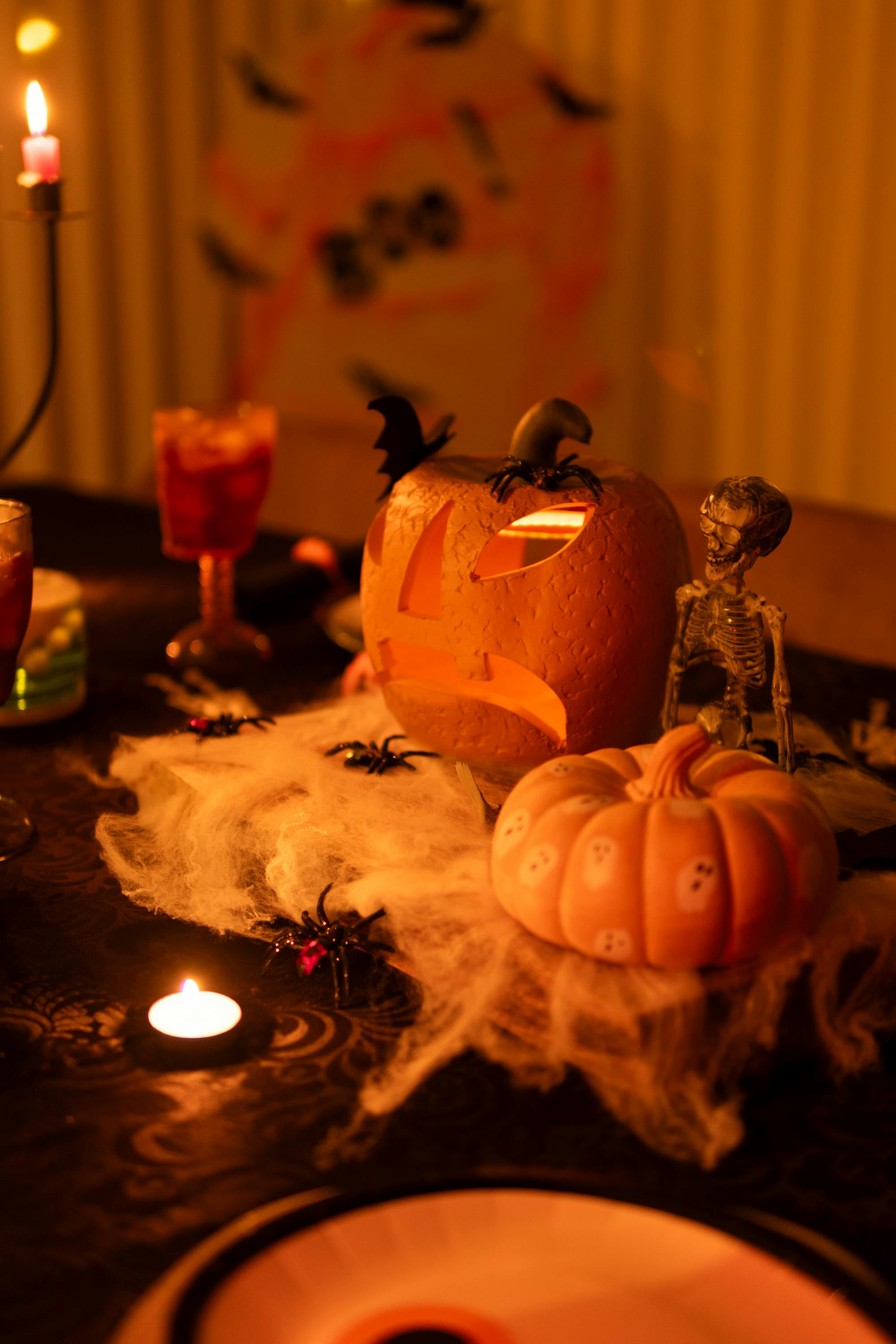 Halloween Decorations Outside a Brick