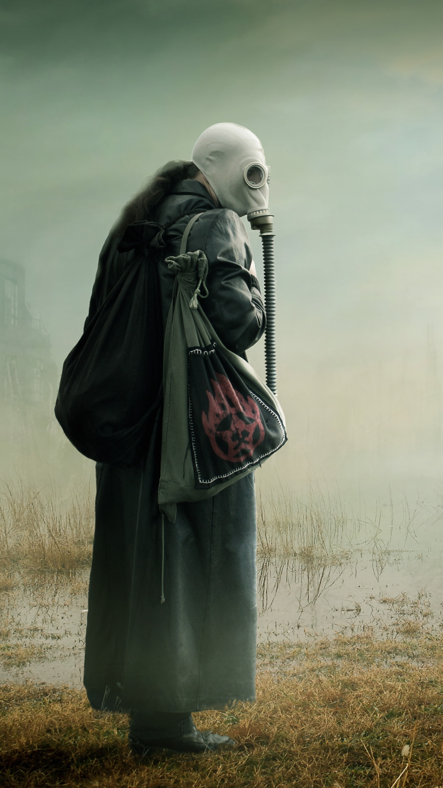 Gas mask Wallpaper 4K, Woman, Mist