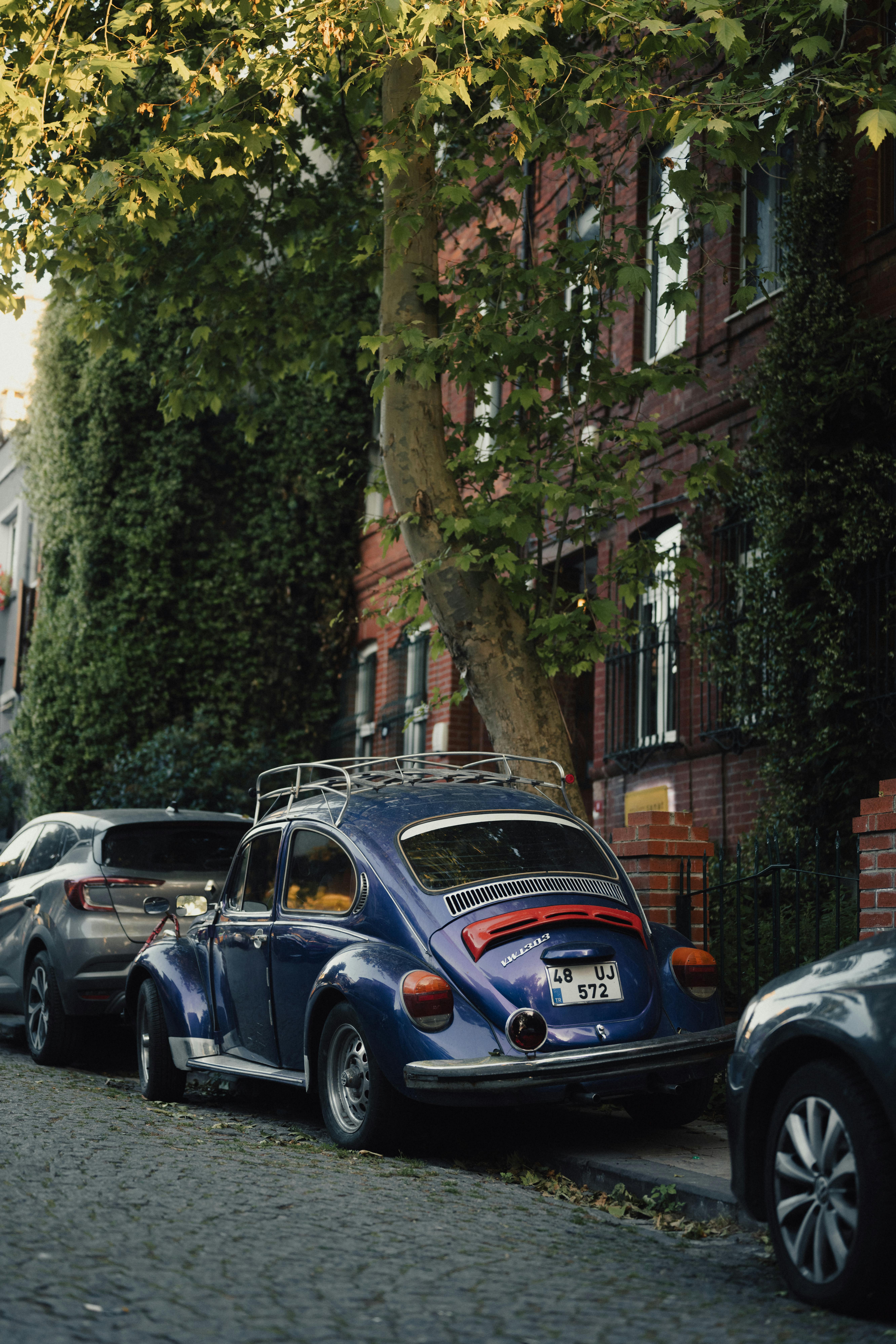 Beetle Parked on a Cobblestone Street