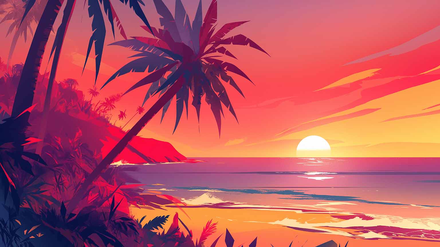 Free Beach Sunset with Ocean Waves Desktop Wallpaper HD