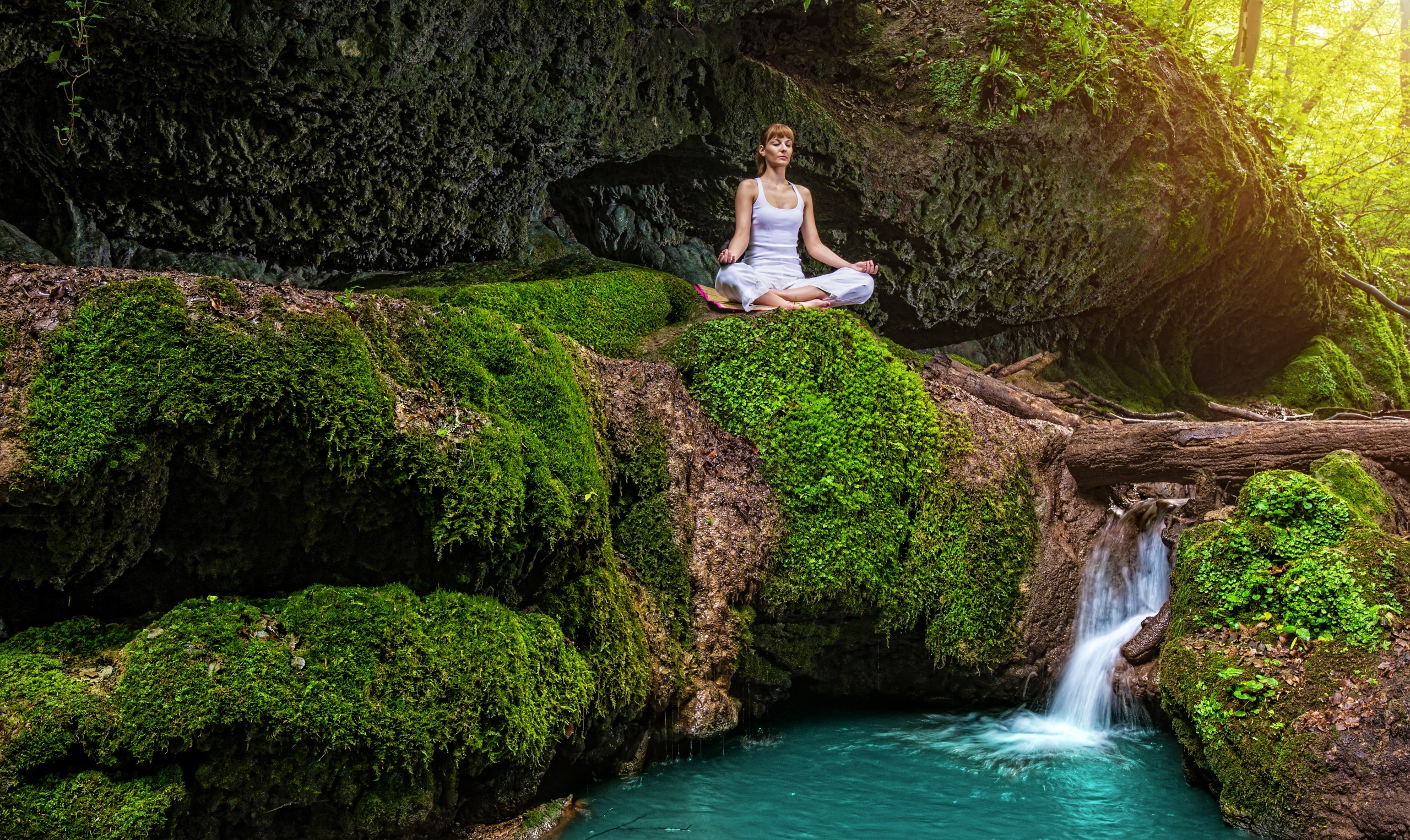 Serenity Yoga by Waterfall HD Wallpaper