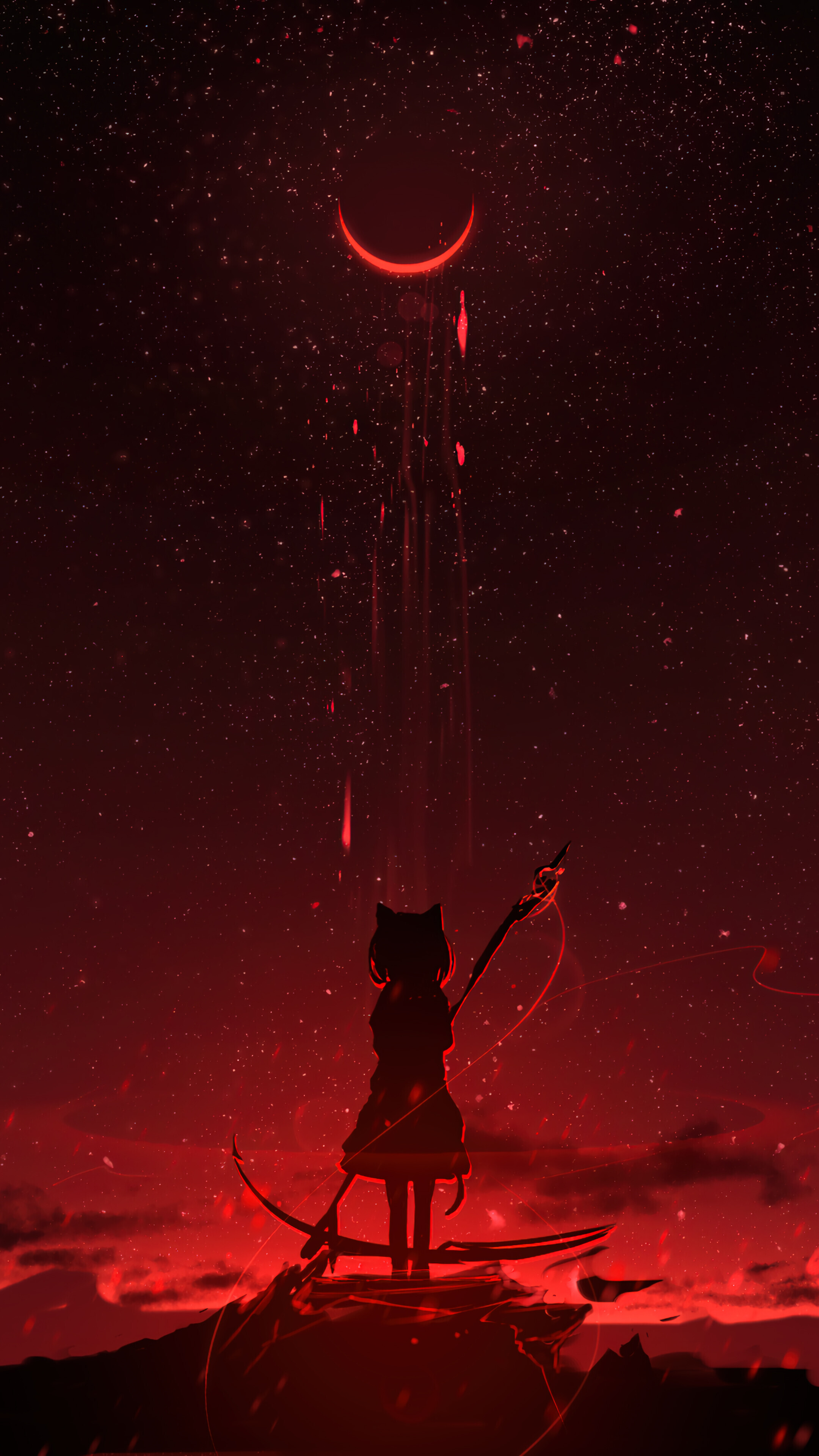 Blood Moon Scenery Anime Girl Scythe
