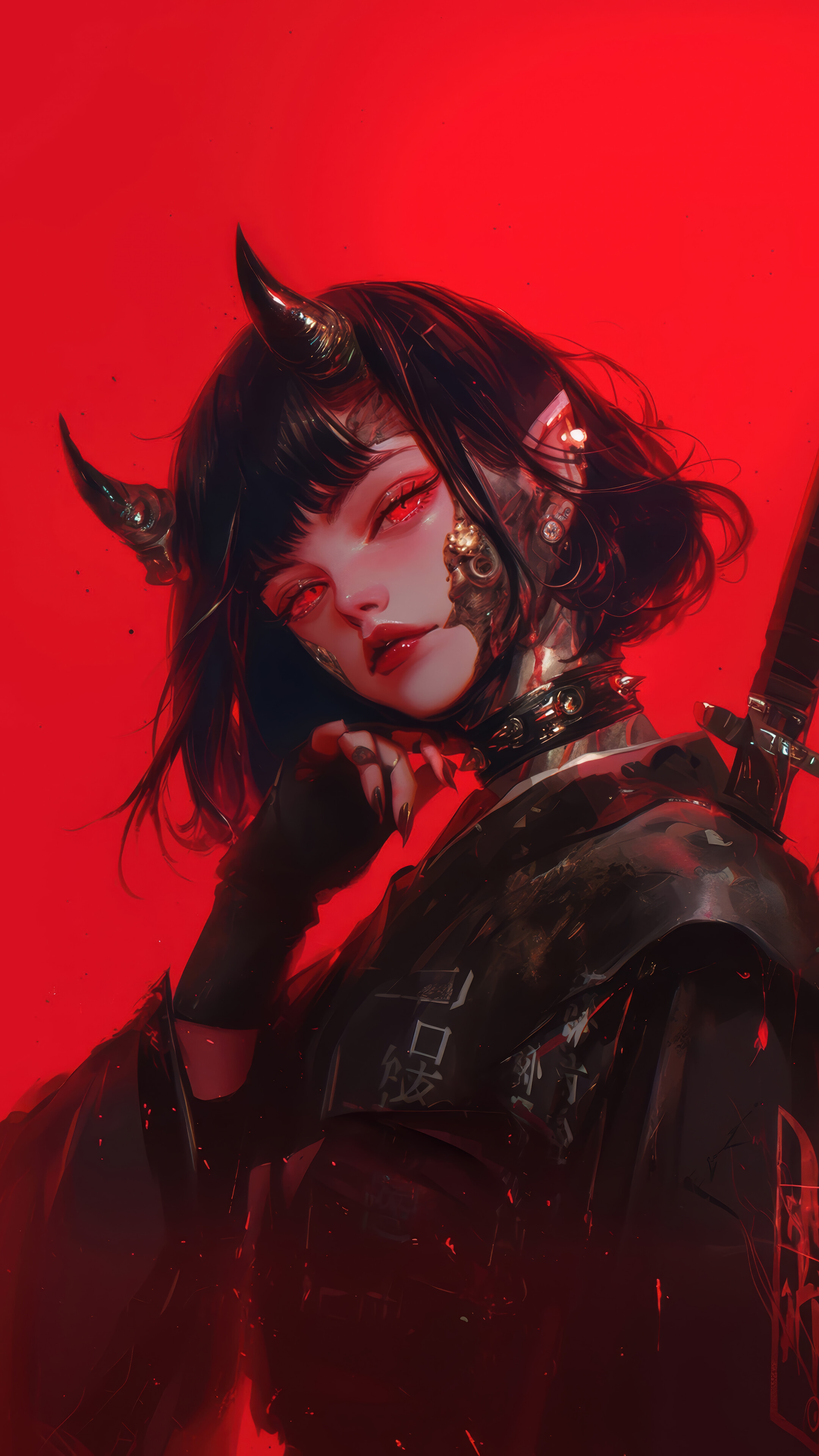 Anime Girl Demon Horn Red Eyes Katana