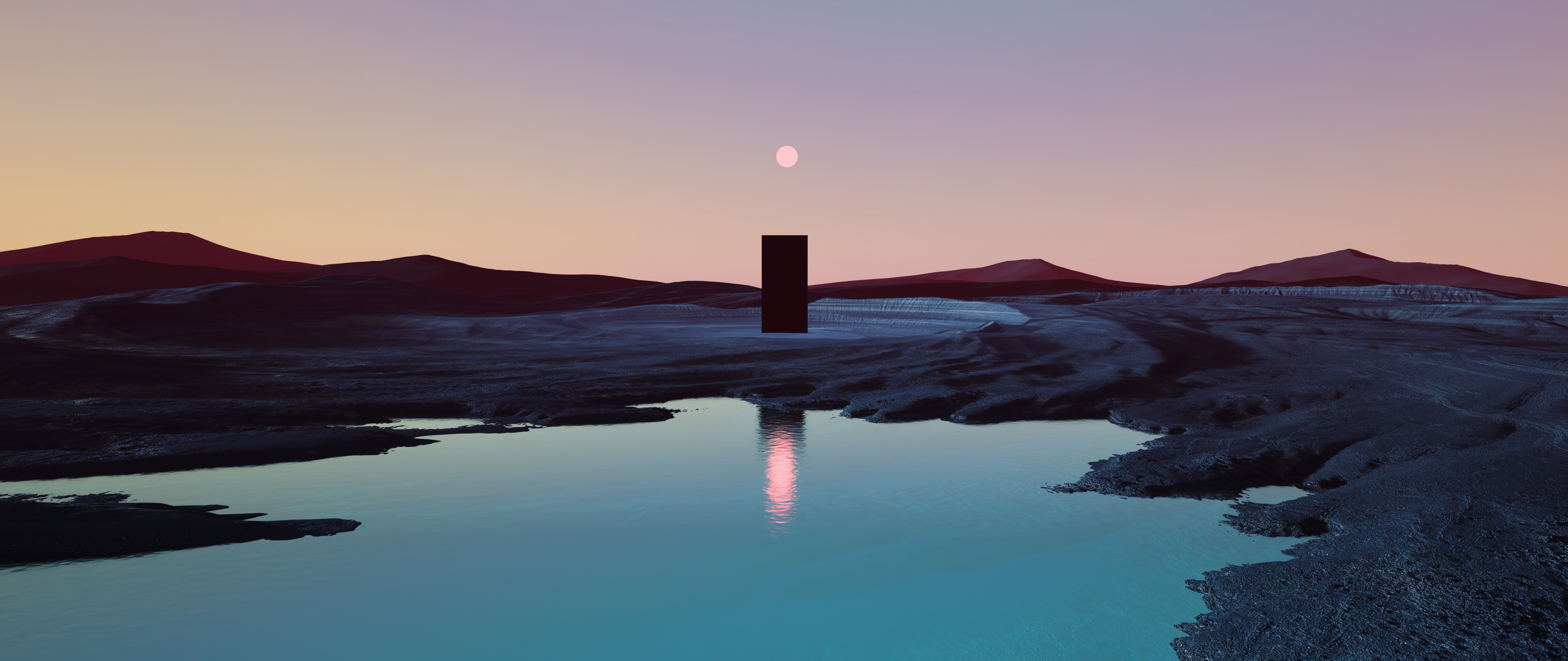 Monolith Wallpaper 4K, Ultrawide, Sunset, Lake, Scenic