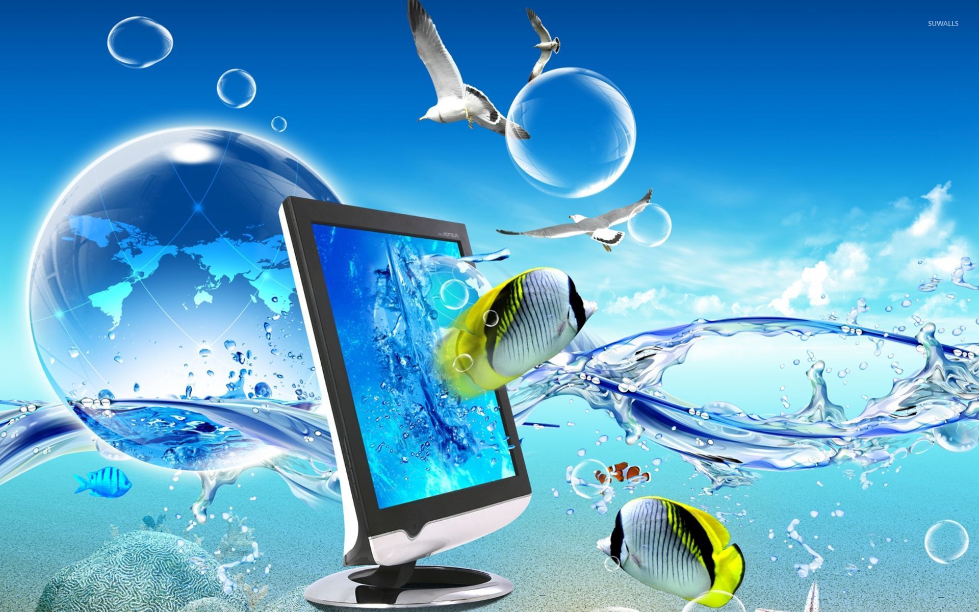 Monitor, fish and seagulls in the ocean