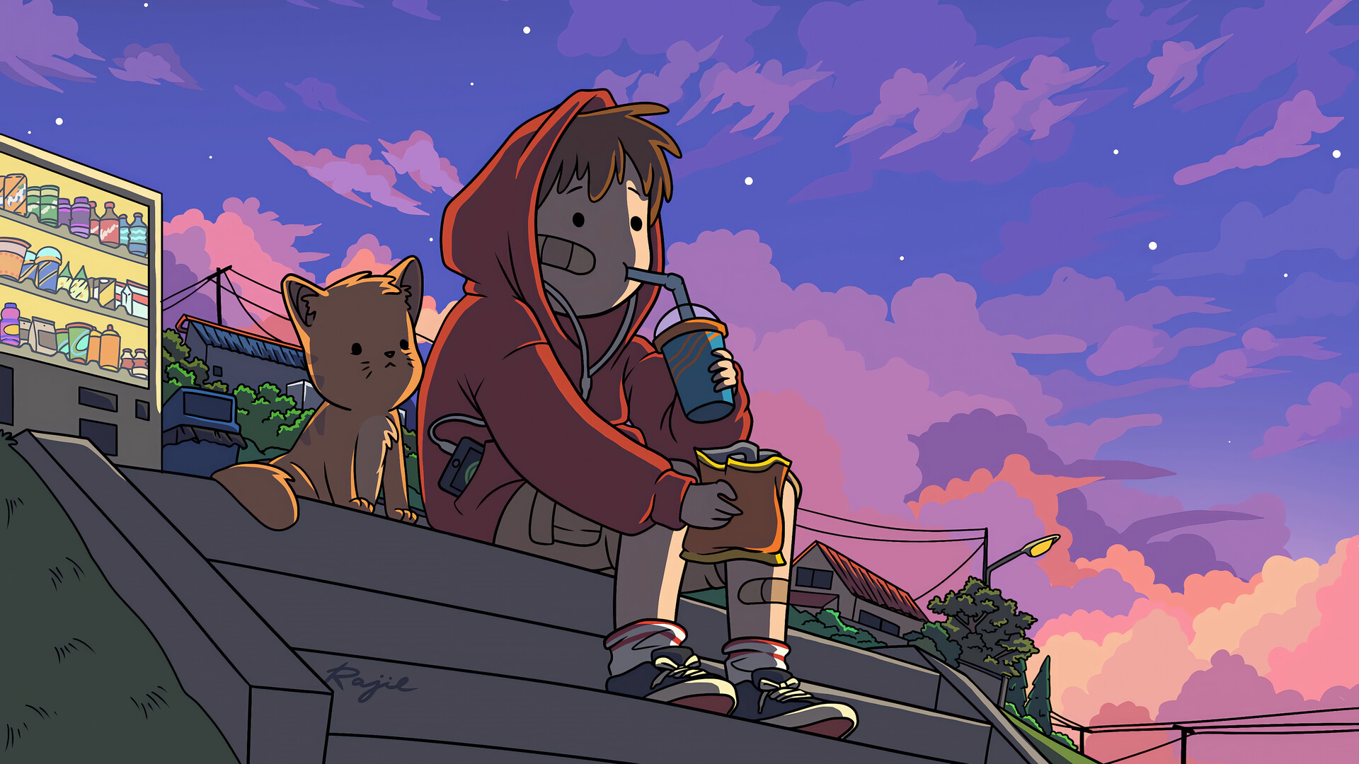 Anime Boy Chill Eating Snack with Puppy