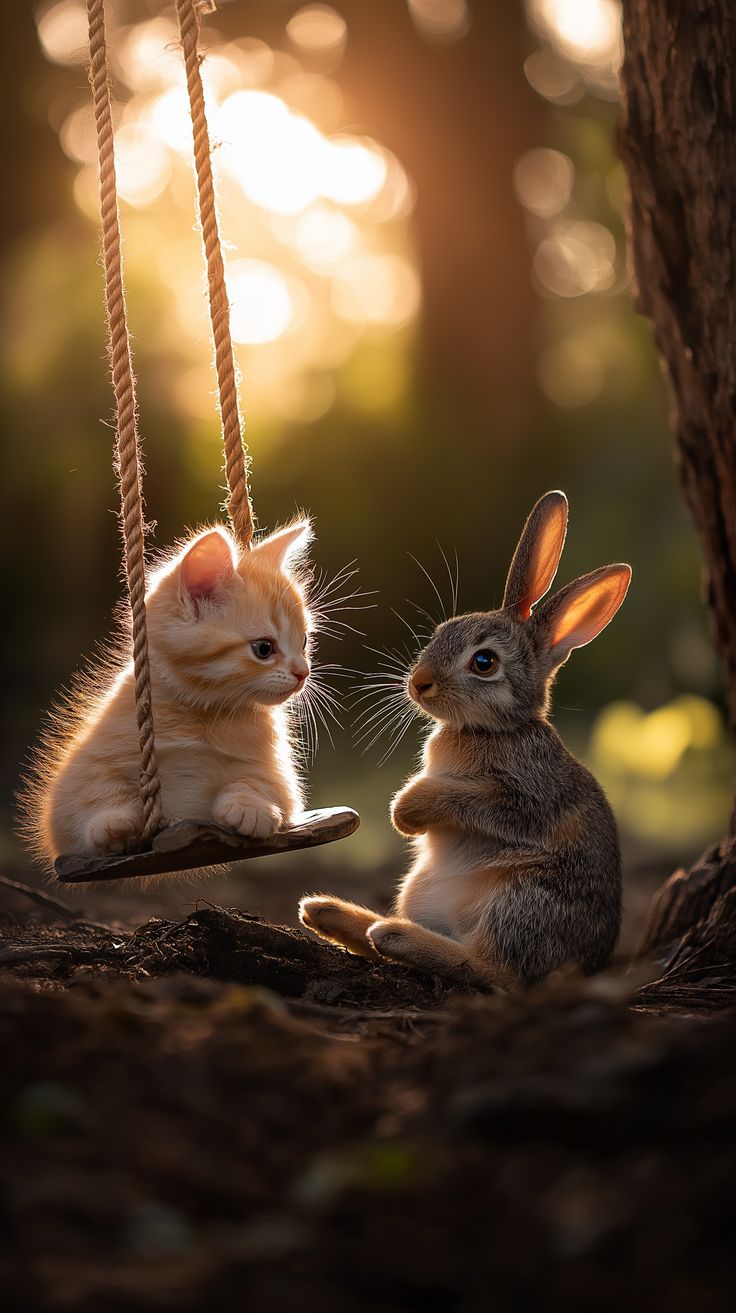 bunny are riding on a swing together