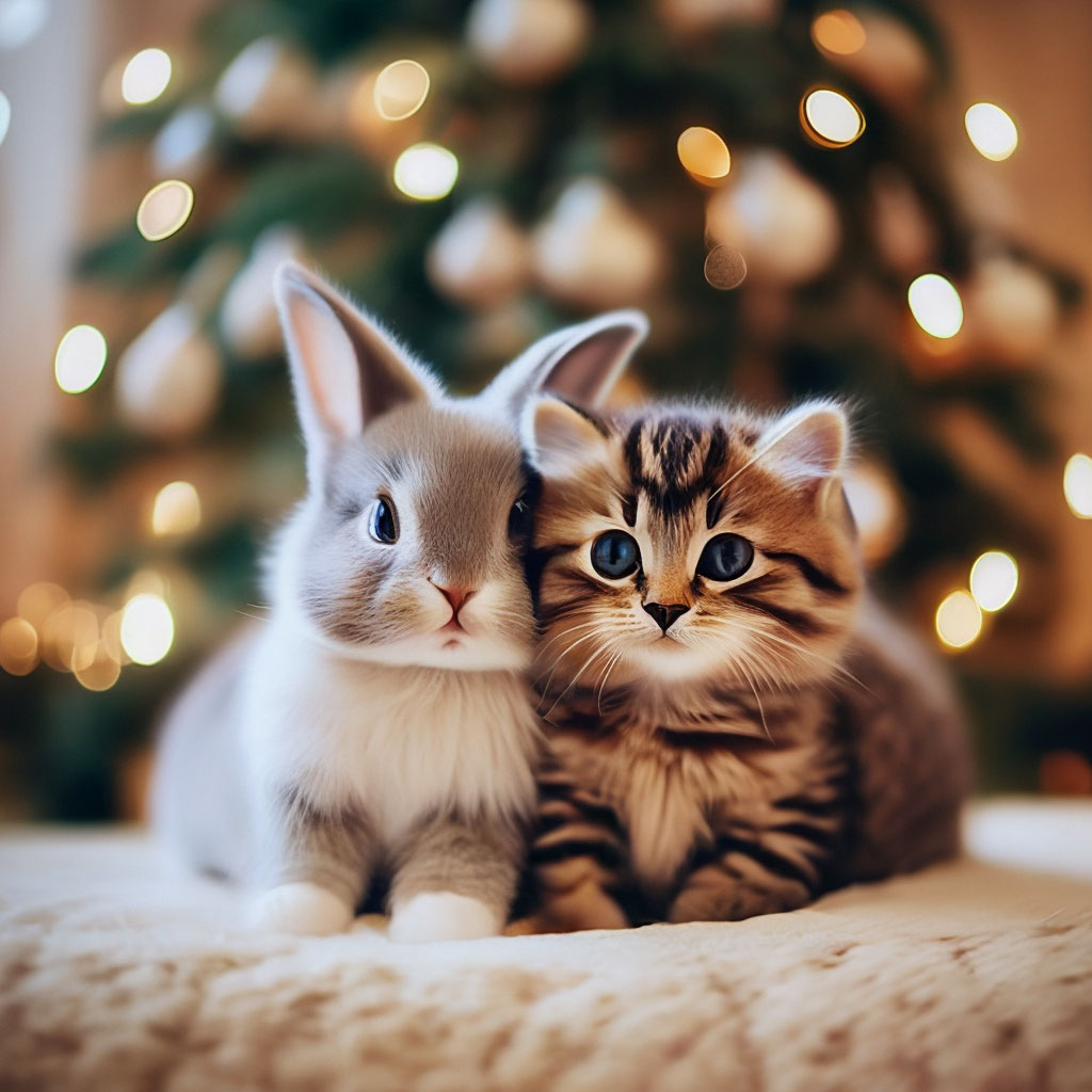 A fluffy cat and a cute bunny hug