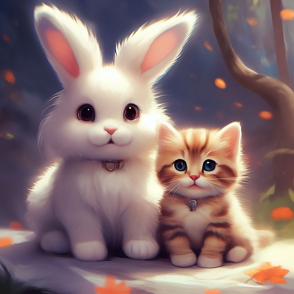 A fluffy bunny and a cute cat