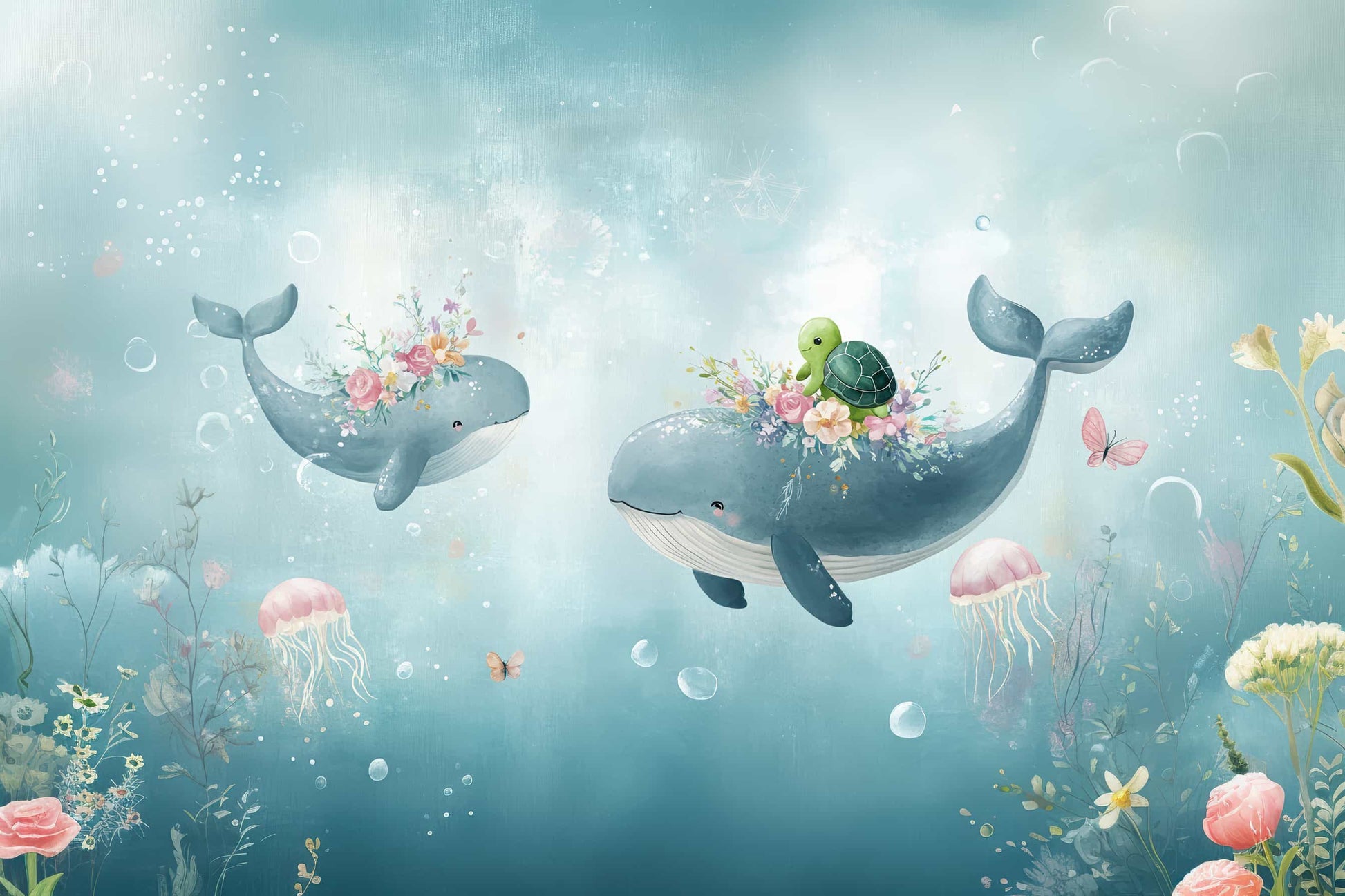 Under The Sea Wallpaper. Cute Watercolor Whale & Turtle Wall Mural YCO 05079