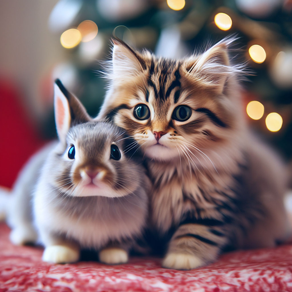 A fluffy cat and a cute bunny hug