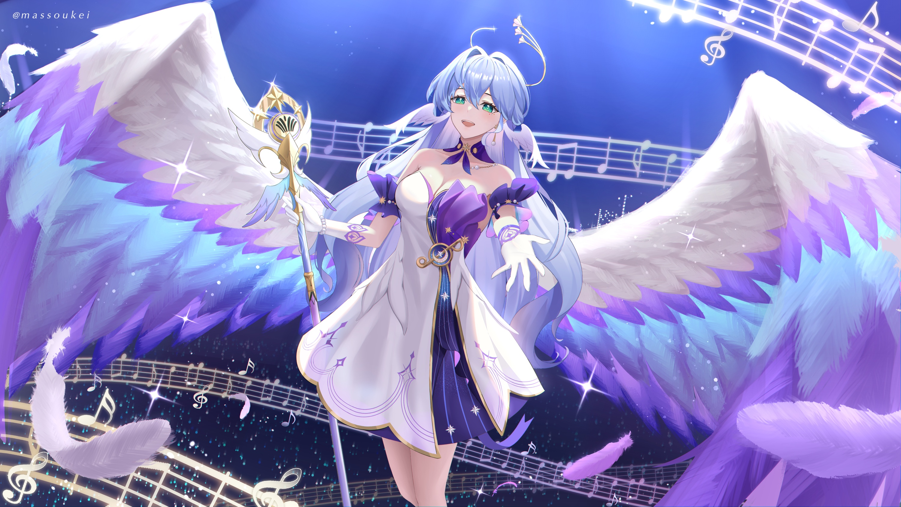 Wallpaper girl, notes, wings, staff