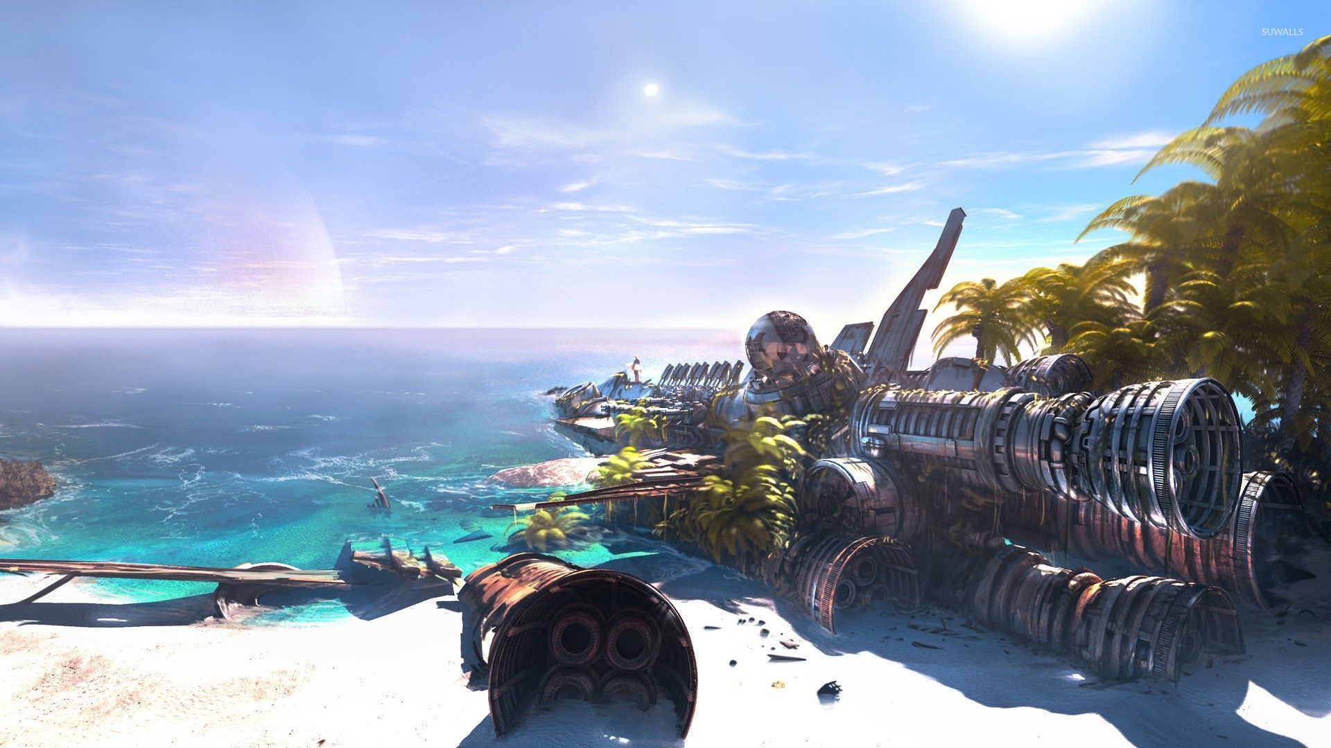 Spaceship wreck on the beach wallpaper