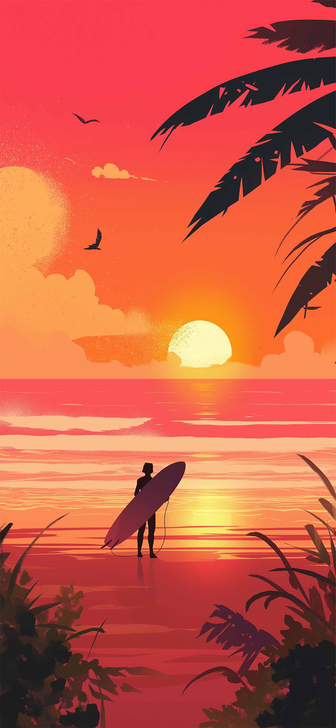 Surfer Sunset Silhouette Tropical Orange Sky Wallpaper iPhone
