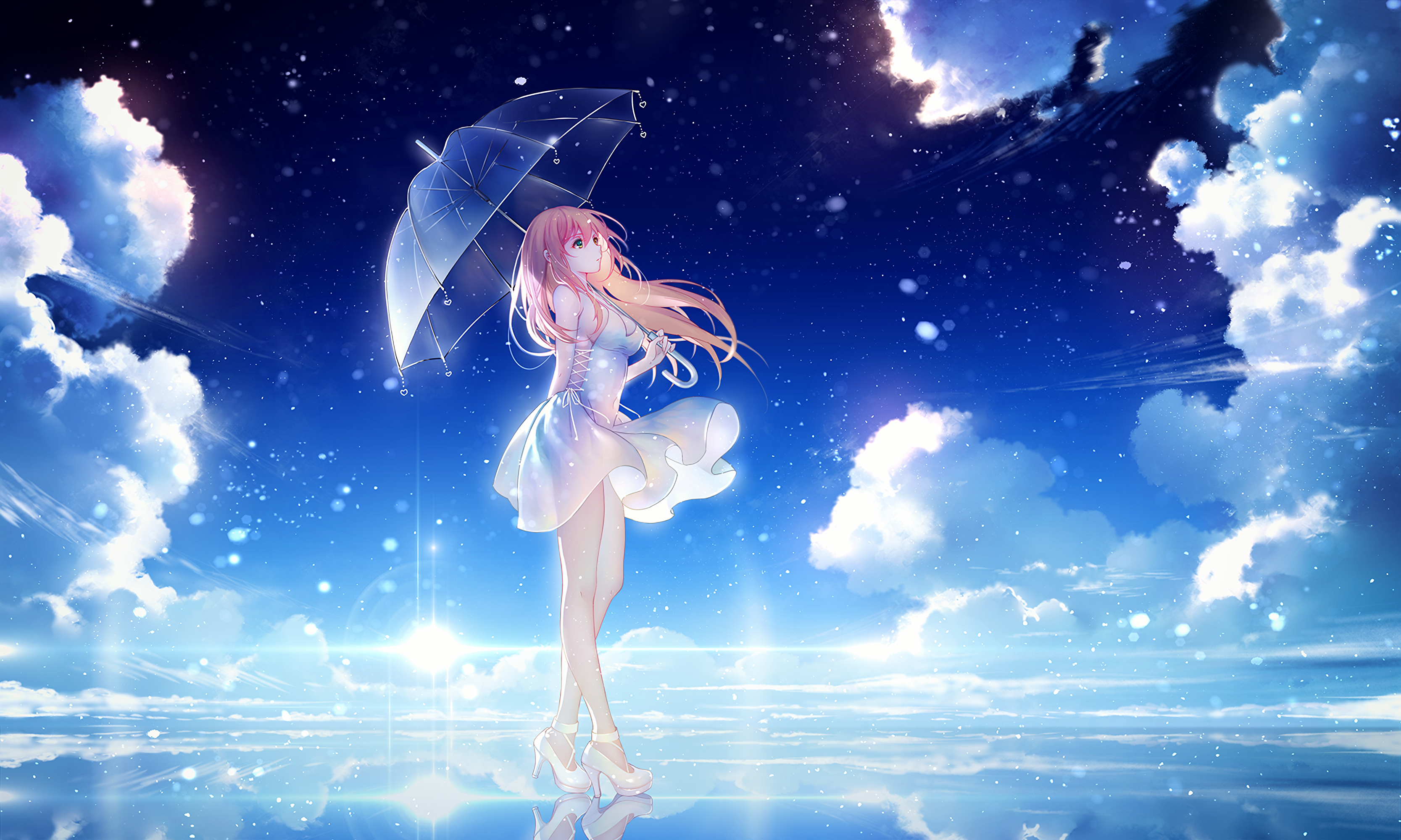 Beautiful anime girl under an umbrella against the sky Desktop wallpaper 1024x1024