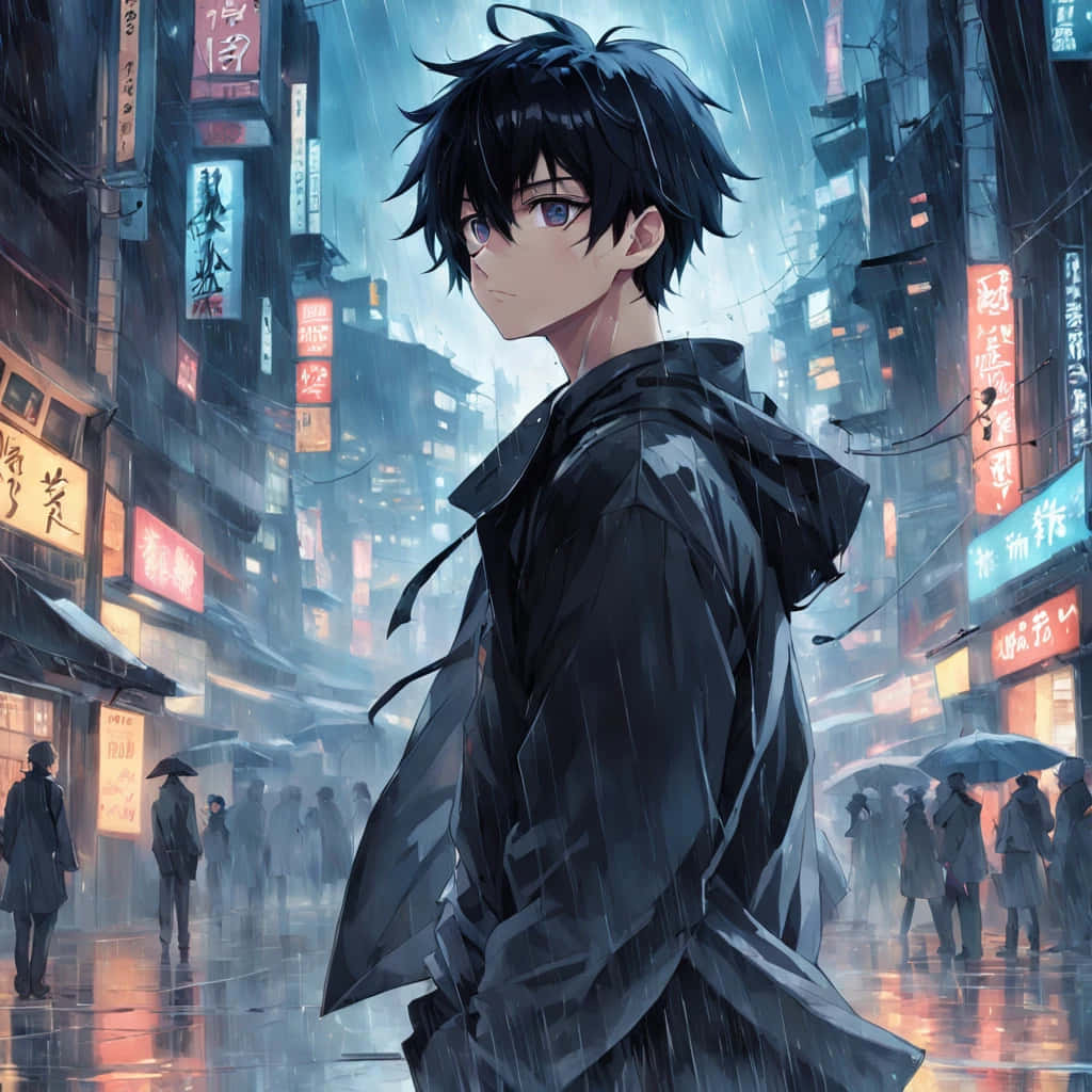 Download Anime Boy Black Hair Rainy