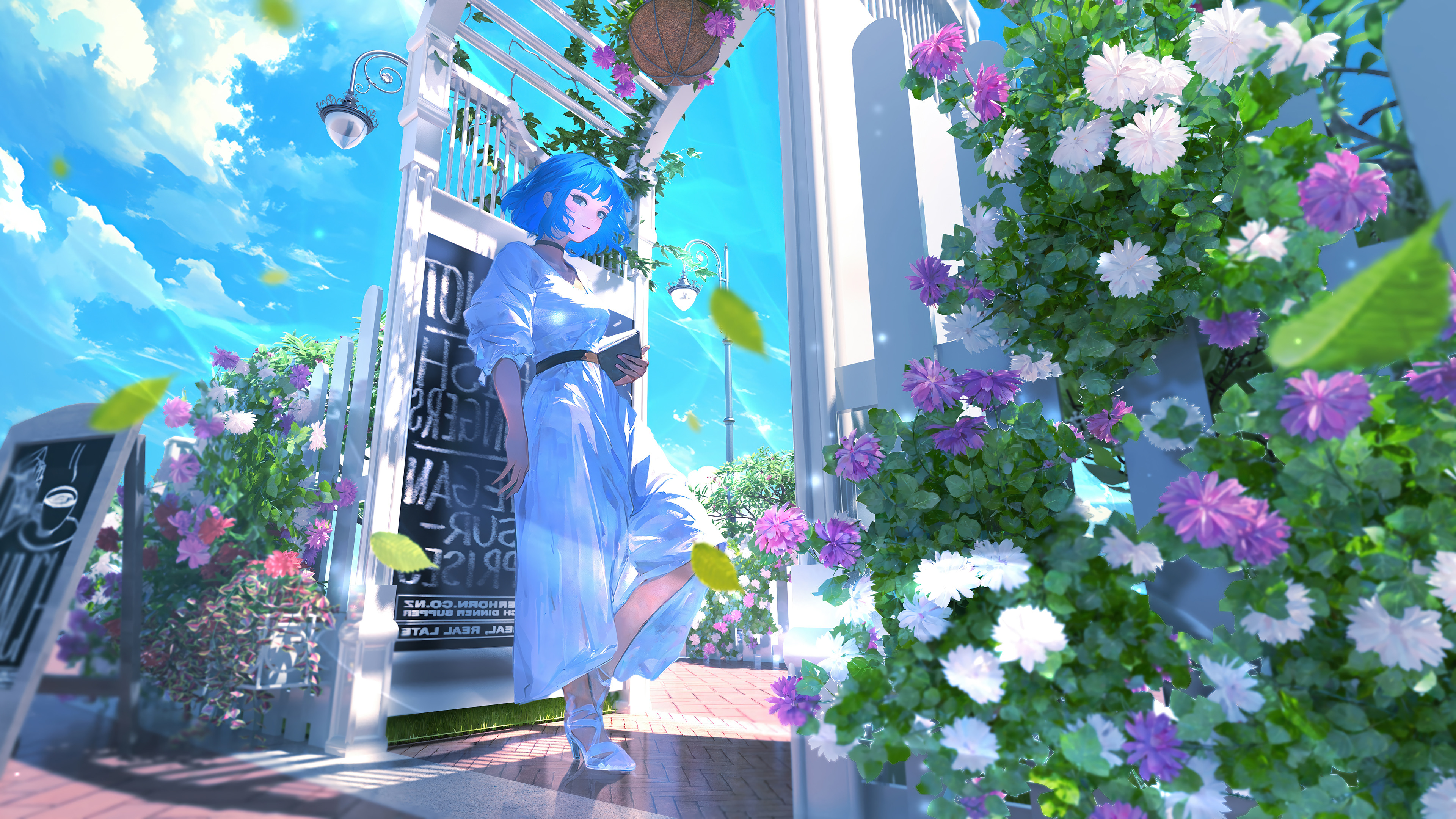 Anime Girl Flower Garden Short Blue