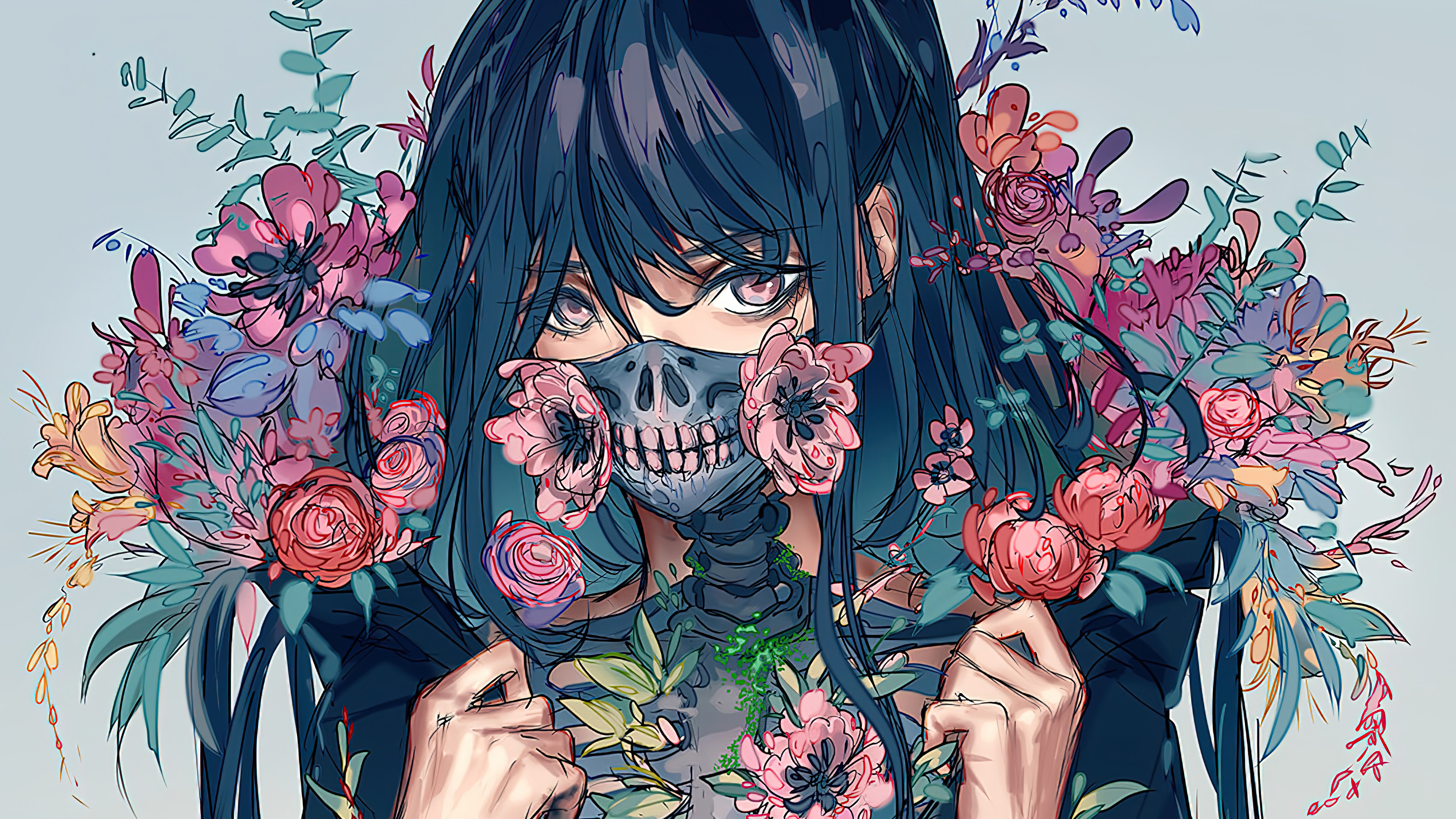 Anime Girl Mask Flower Digital Art