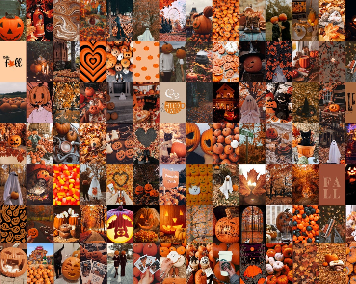 80PCS Halloween Fall Collage Kit, Halloween Photo Collage, Fall Breeze & Autumn Picture Room Decor, Fall Aesthetic, Orange and Brown Gift