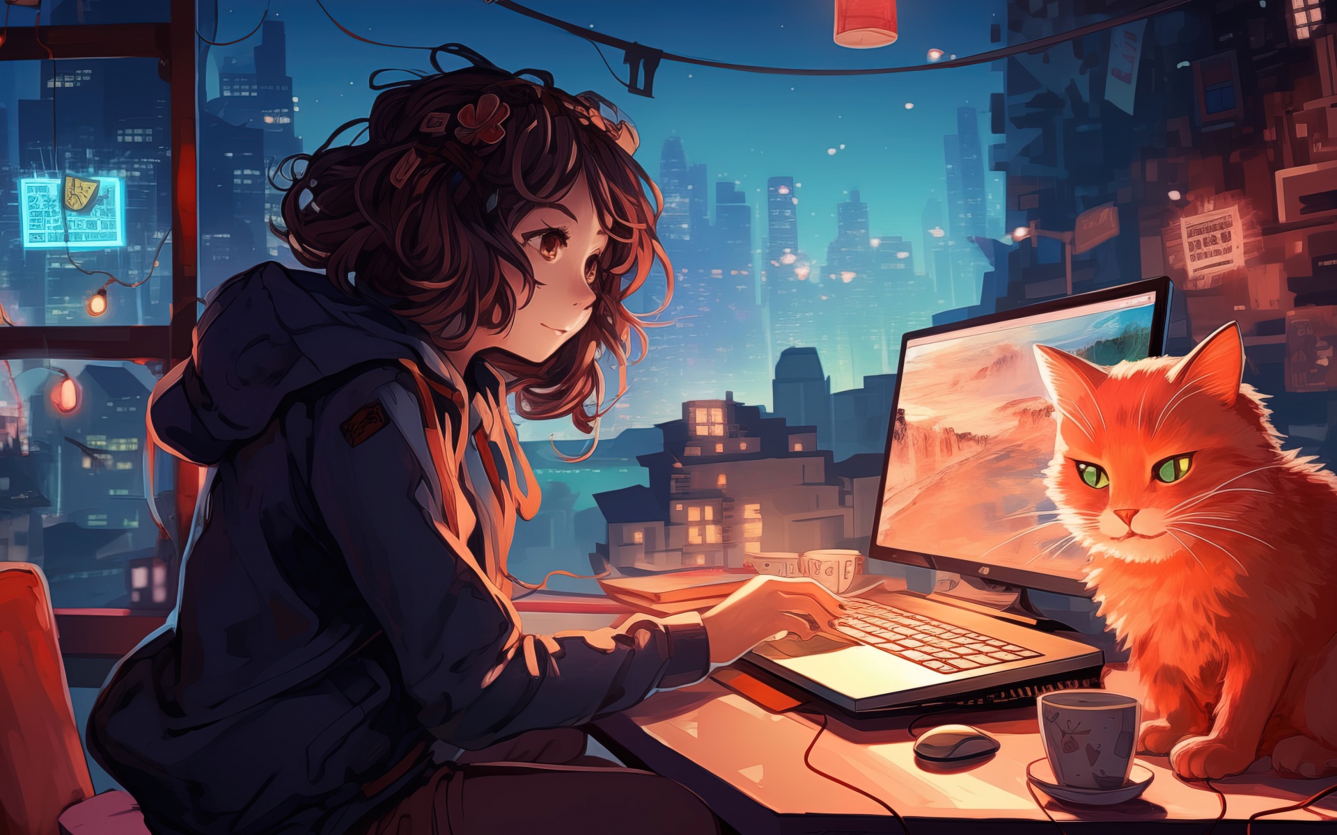 Lofi girl Wallpaper 4K, Working, Night