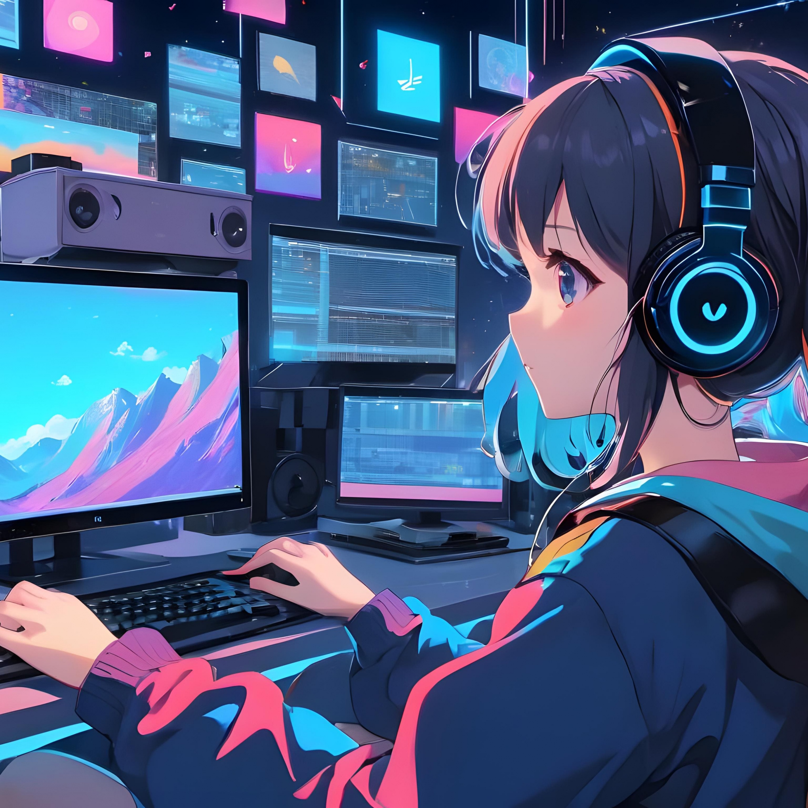 Anime girl Wallpaper 4K, Working, Lofi