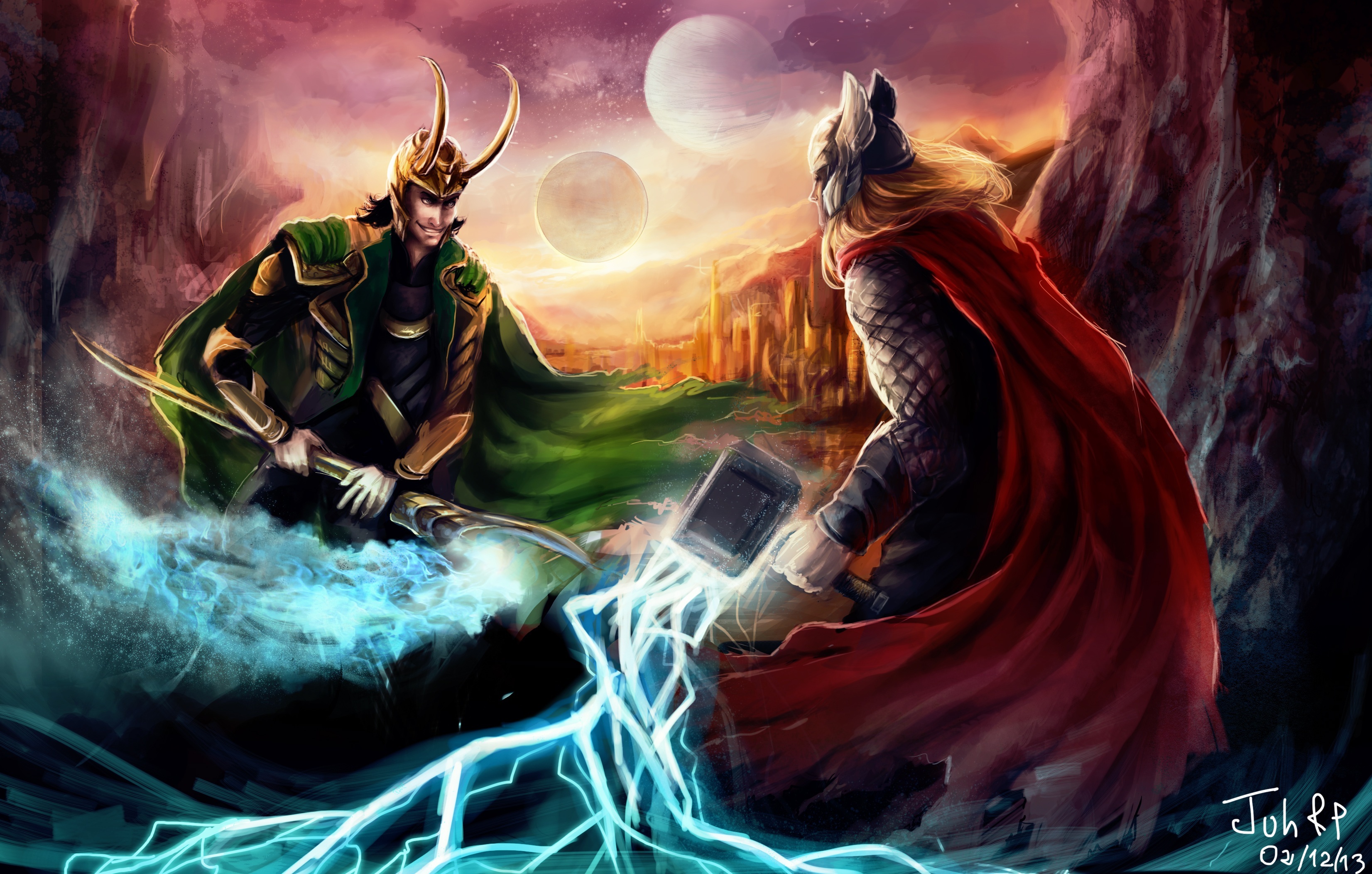 Wallpaper figure, art, Thor, Loki