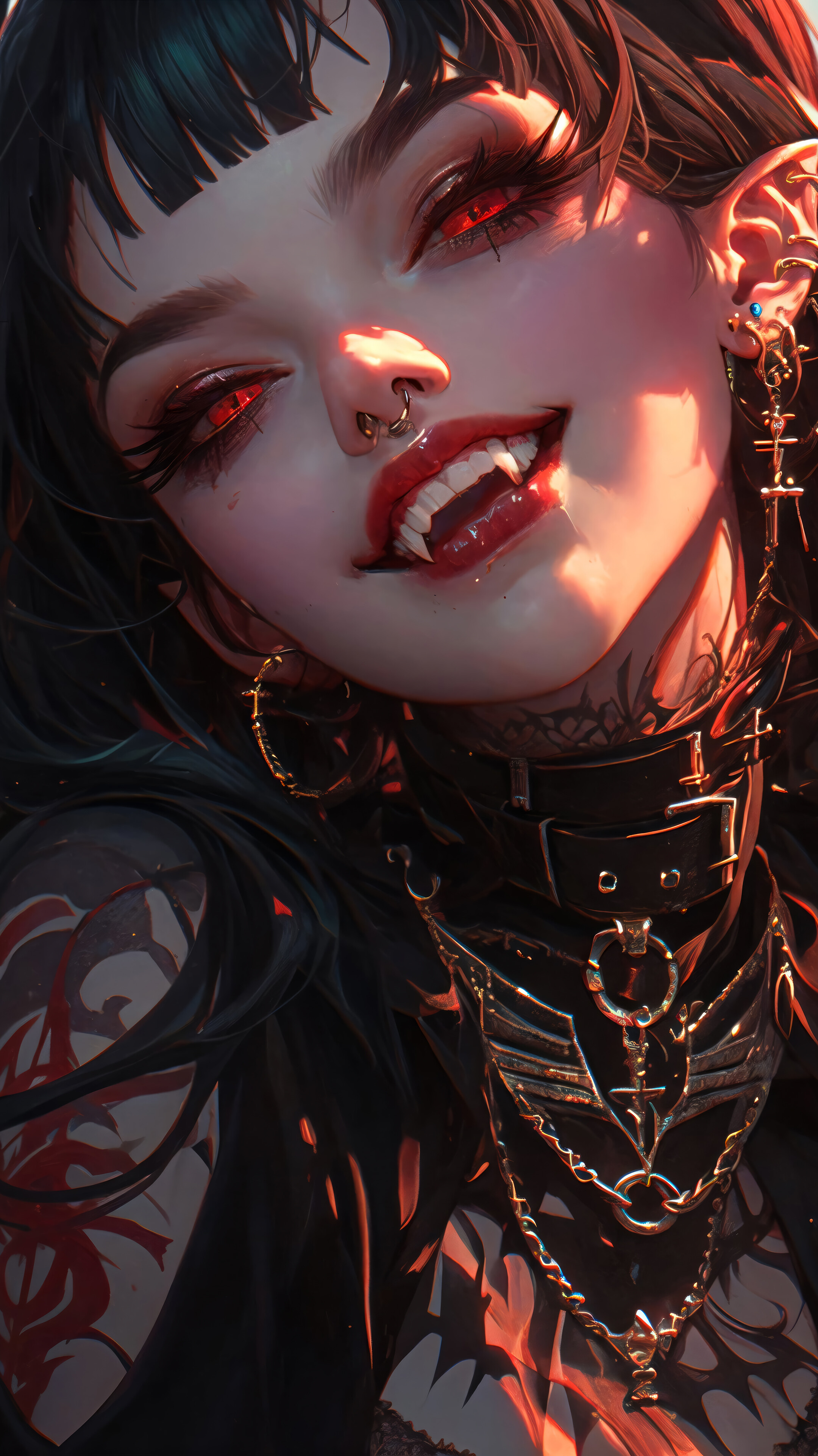 Vampire Girl Fangs Red Eyes 4K