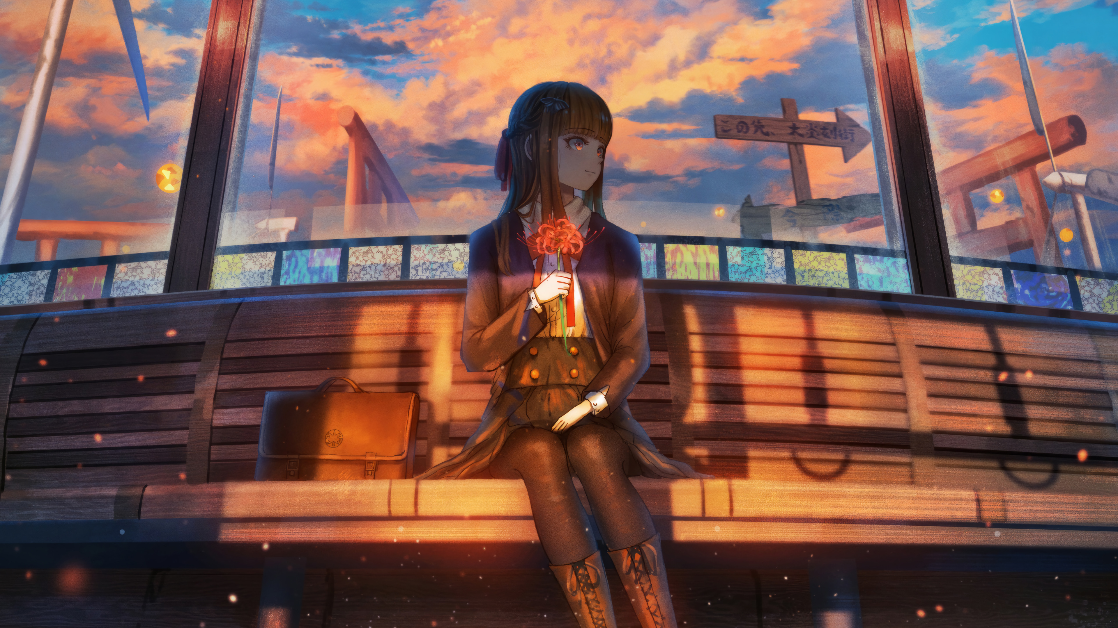Anime Girl Sunset Train Ride Wallpaper