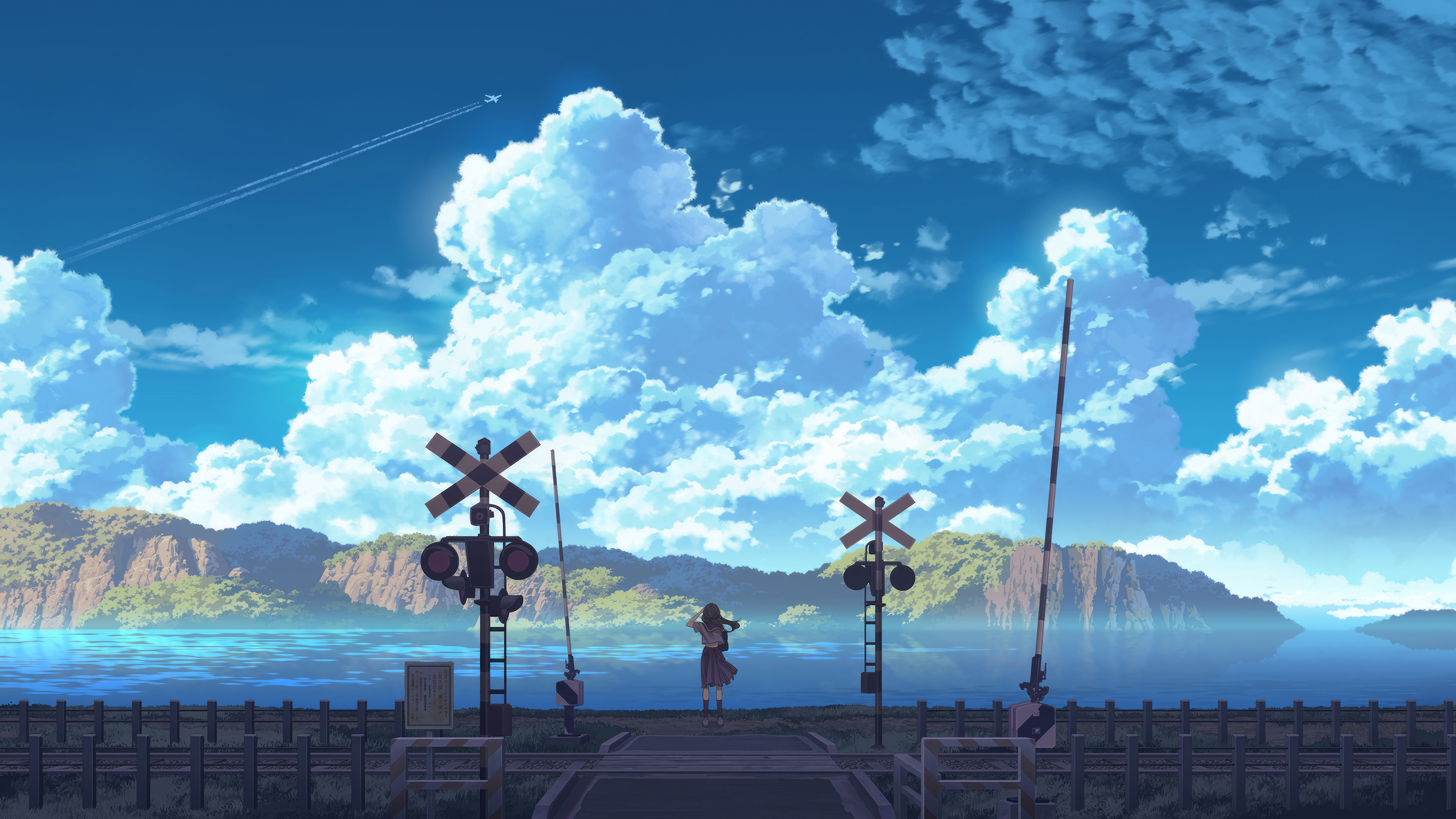 Anime Girl Student Sky Clouds Scenery