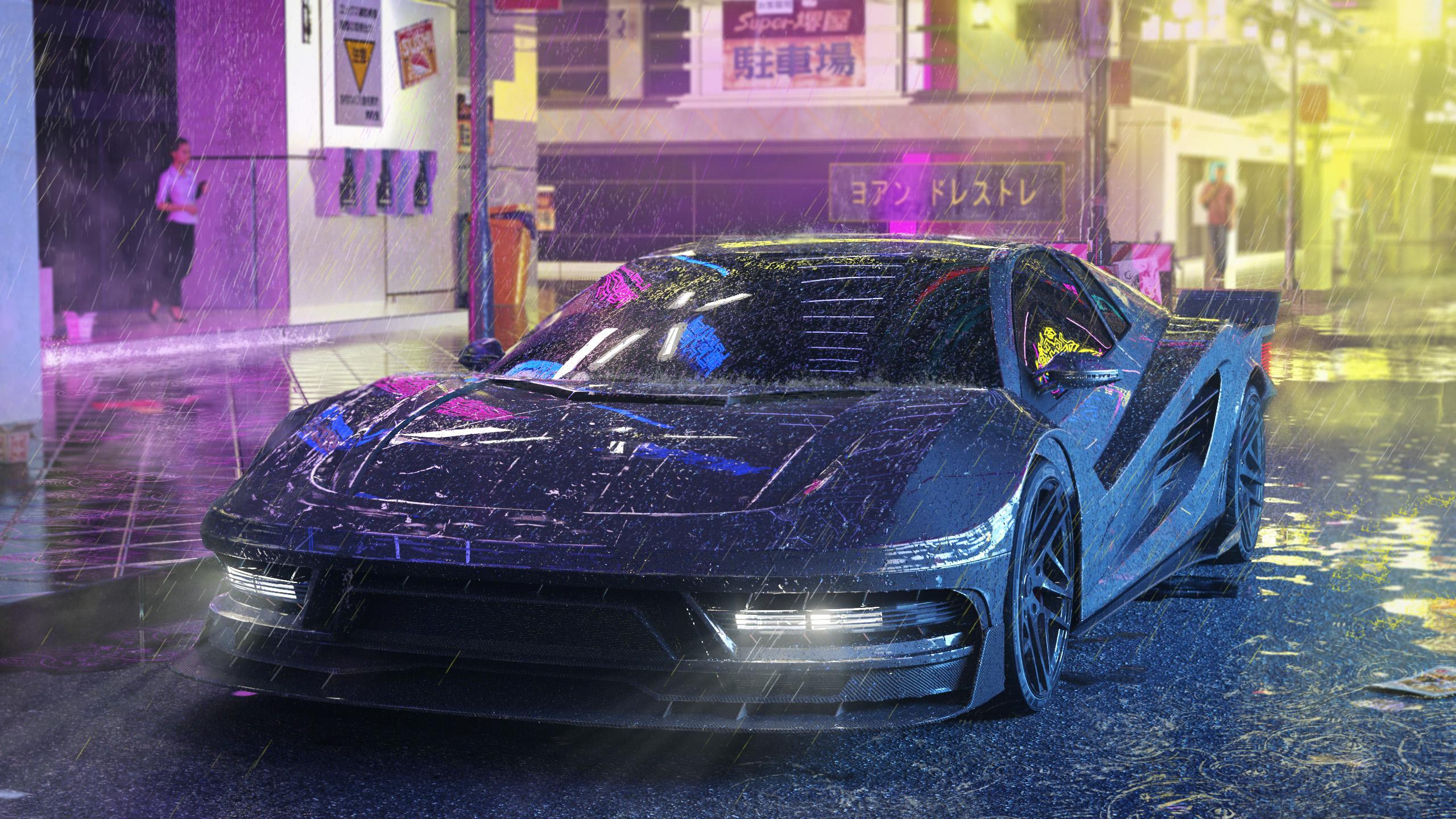 Cyberpunk car in the rain my design