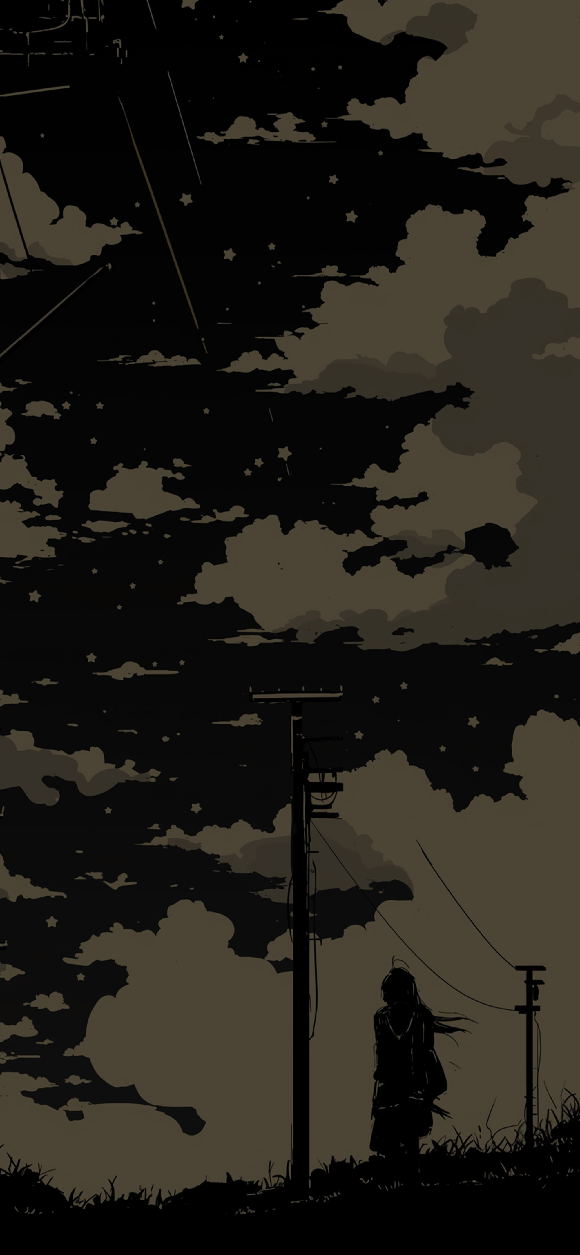 Anime Night Sky Stars Power Lines