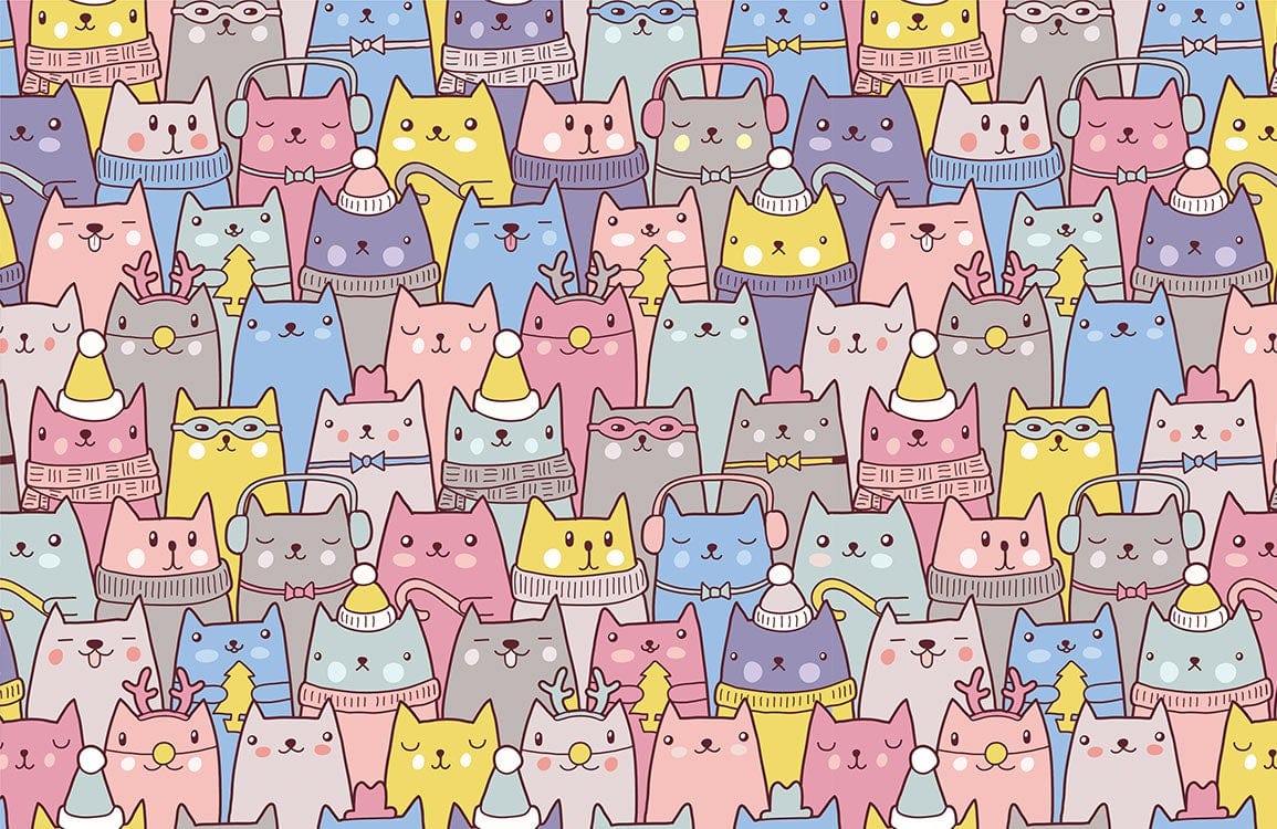 Colorful Cat Cartoon Bedroom Mural