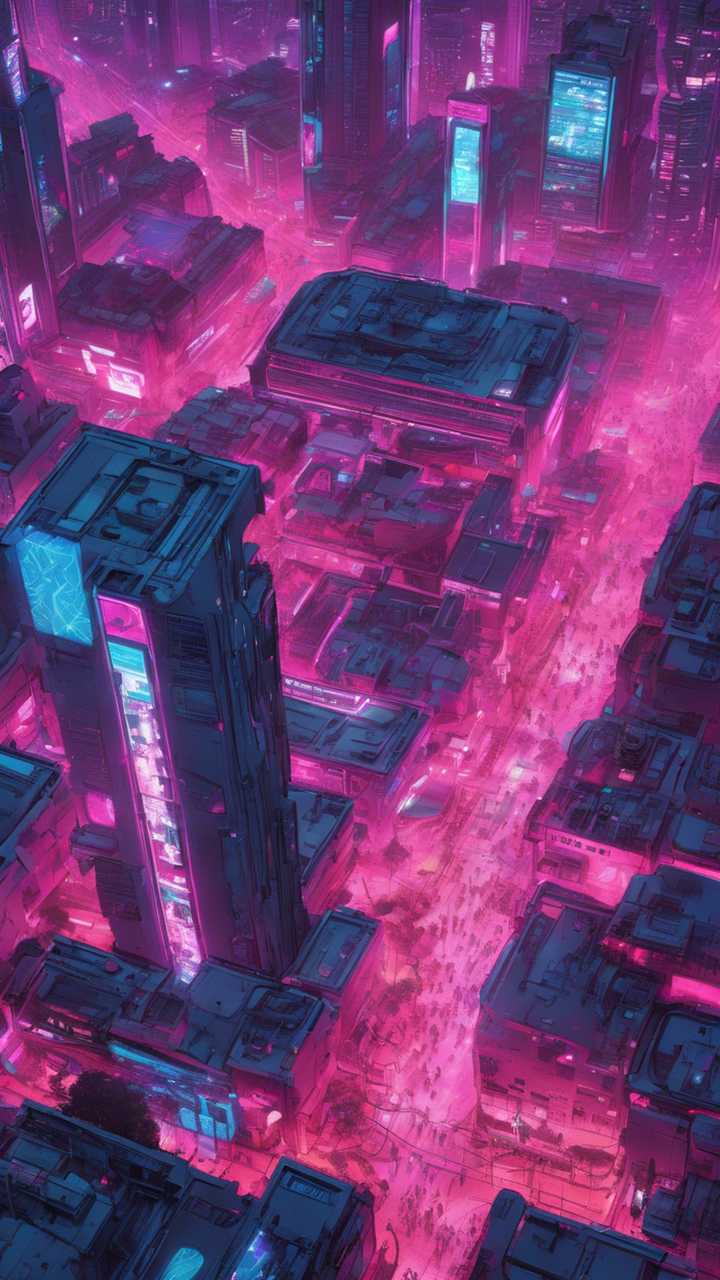 An aerial view of a bustling cyberpunk