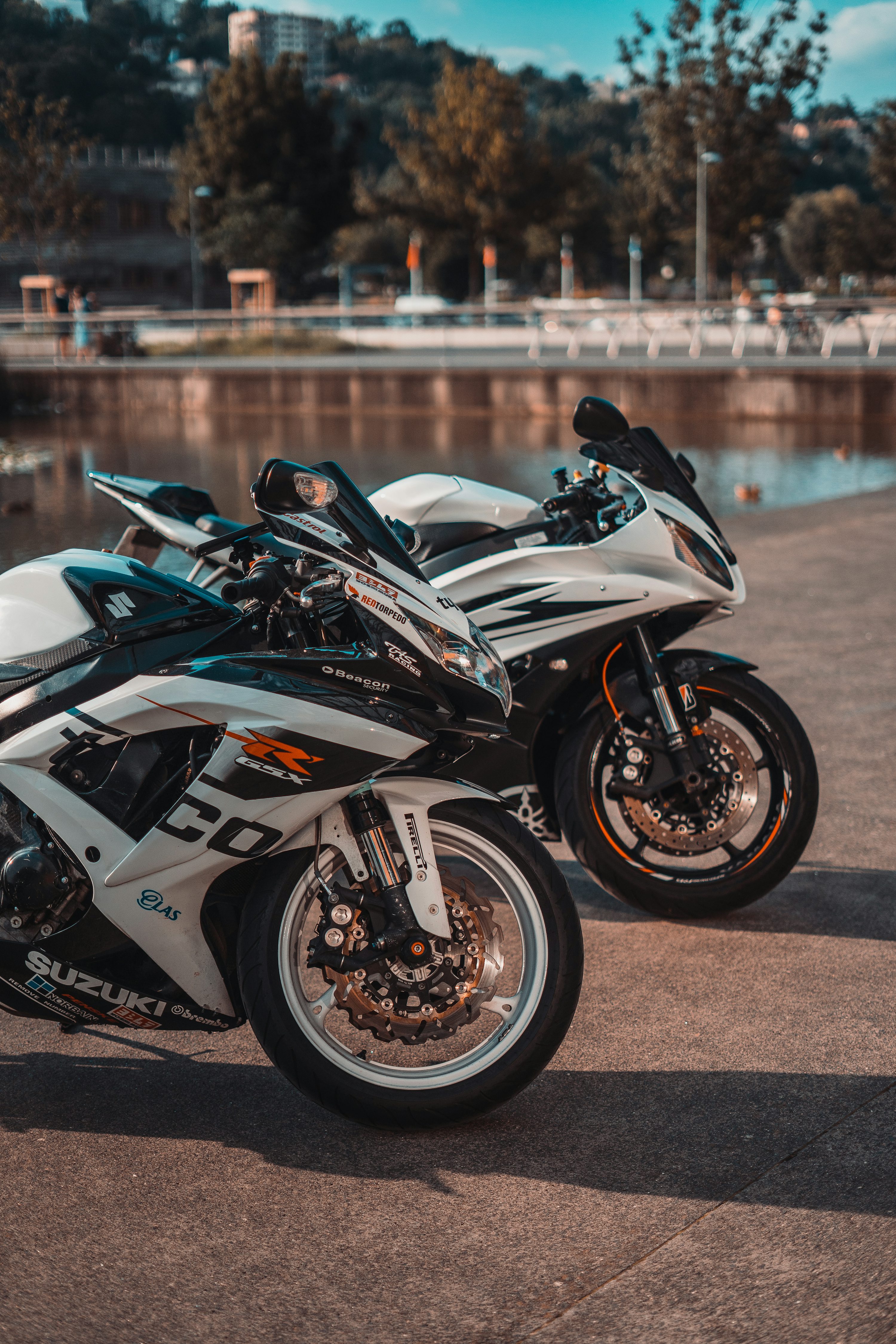White and black sports bike parked