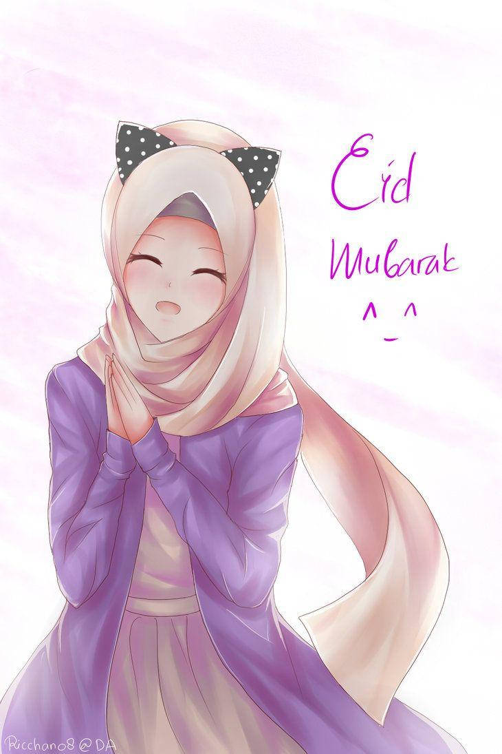 Download free Anime Hijab Eid Mubarak Greeting Wallpaper