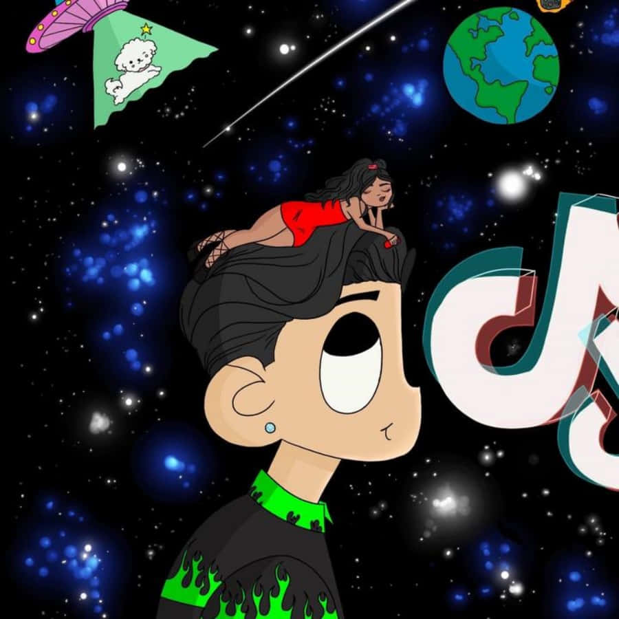 Download a cartoon image of a man and a woman in space