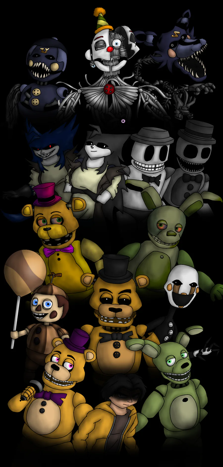 Official illustrative drawing of all the characters of FNAFFD 2.0,. Nights At Fredbear's Family Diner Remake
