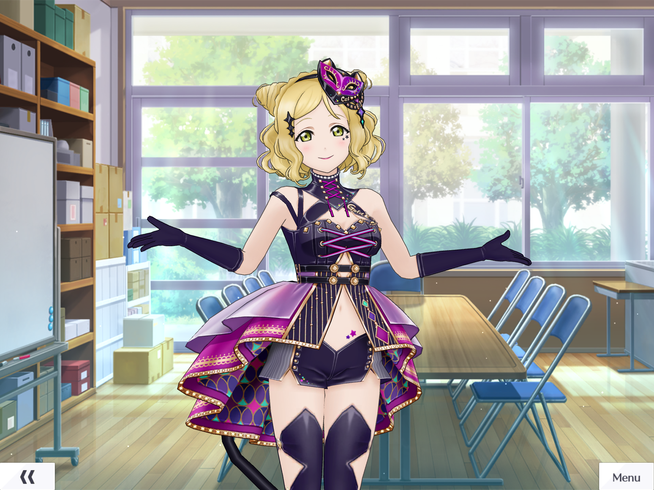 UR Mari Ohara's costume 「Mari the Mysterious, Alluring Thief」. Costumes list. All Stars. Games. Idol Story Live!